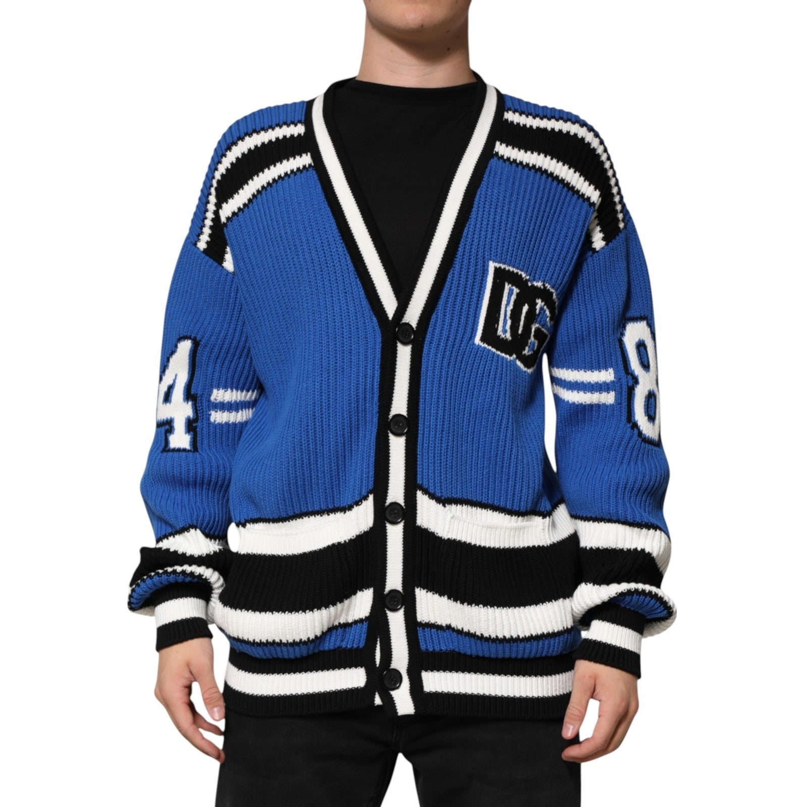 Dolce & Gabbana Blue Cotton Logo Patch Ribbed Knit Cardigan Sweater | Regal Royce