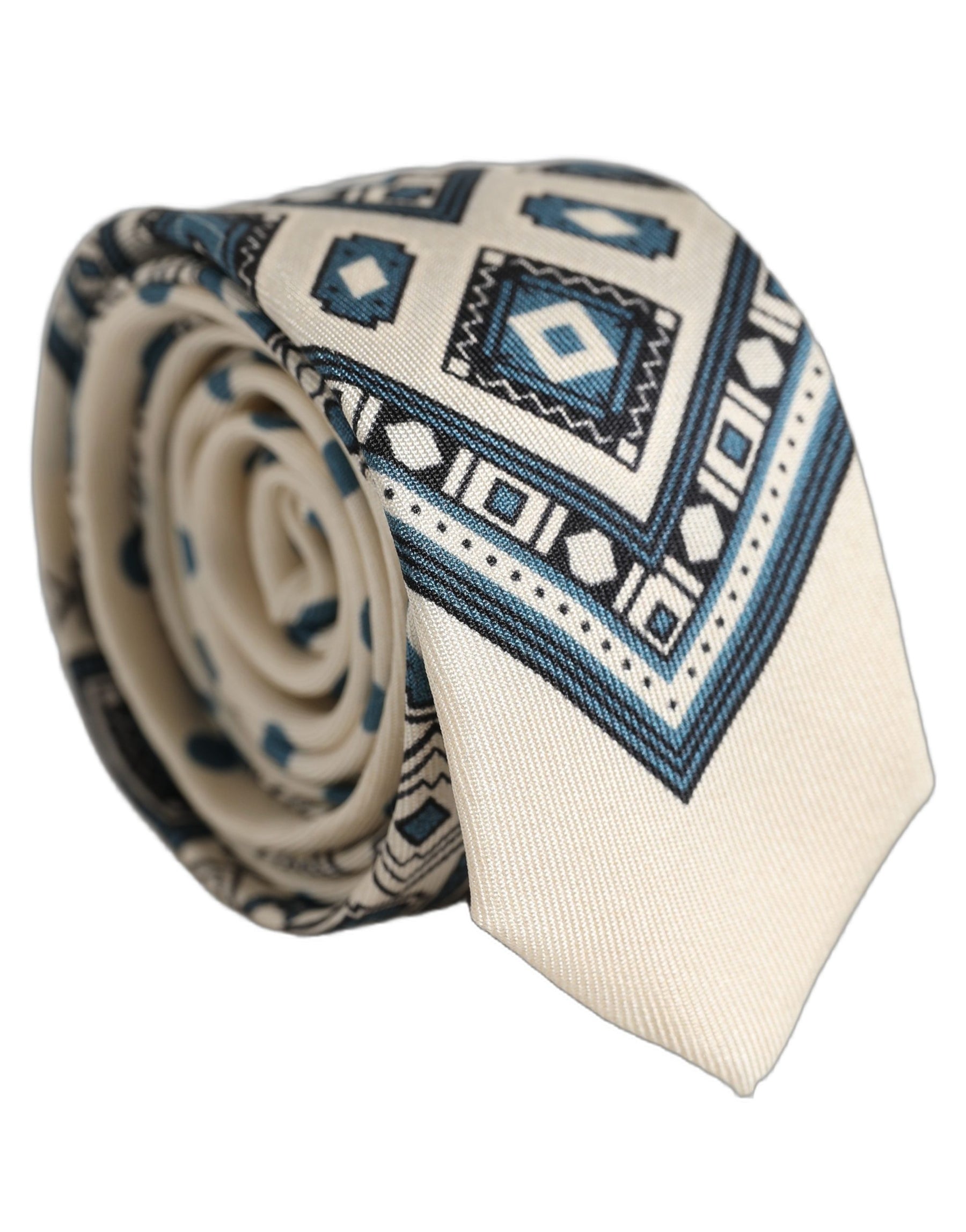 Dolce & Gabbana Men Off White Blue Geometric Adjustable Tied Necktie Tie | Regal Royce