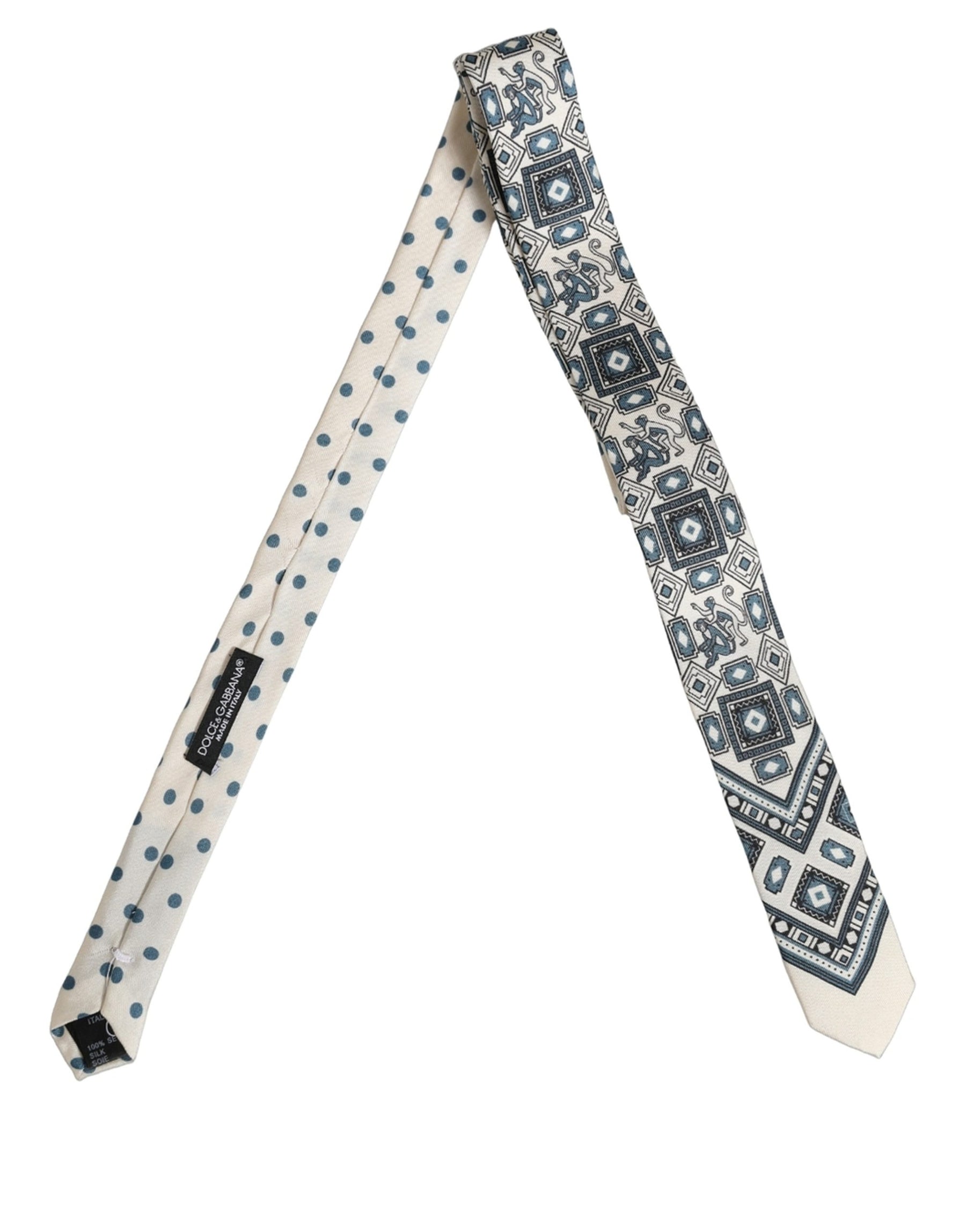 Dolce & Gabbana Men Off White Blue Geometric Adjustable Tied Necktie Tie | Regal Royce