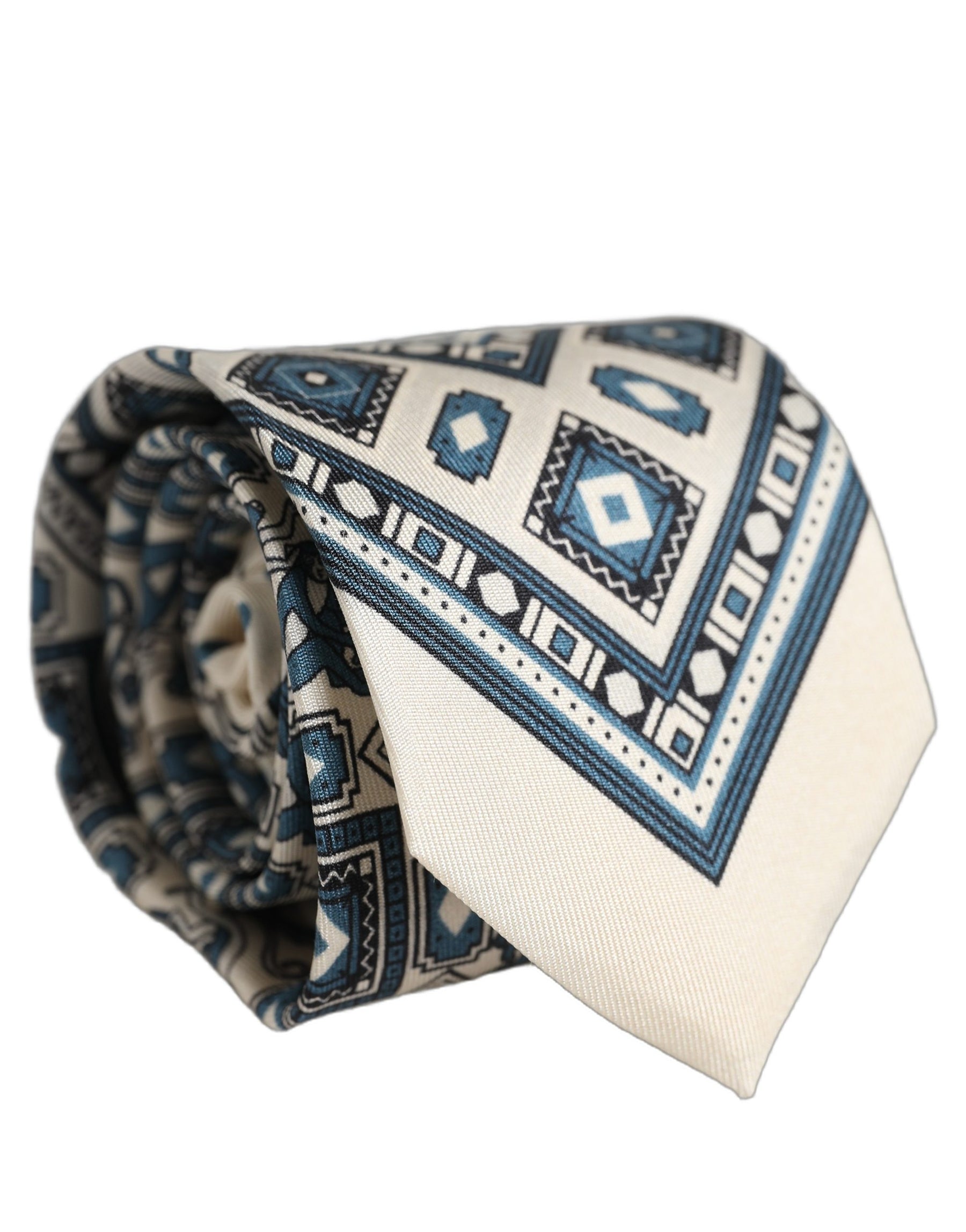 Dolce & Gabbana Men Off White Blue Geometric Adjustable Tied Necktie Tie | Regal Royce
