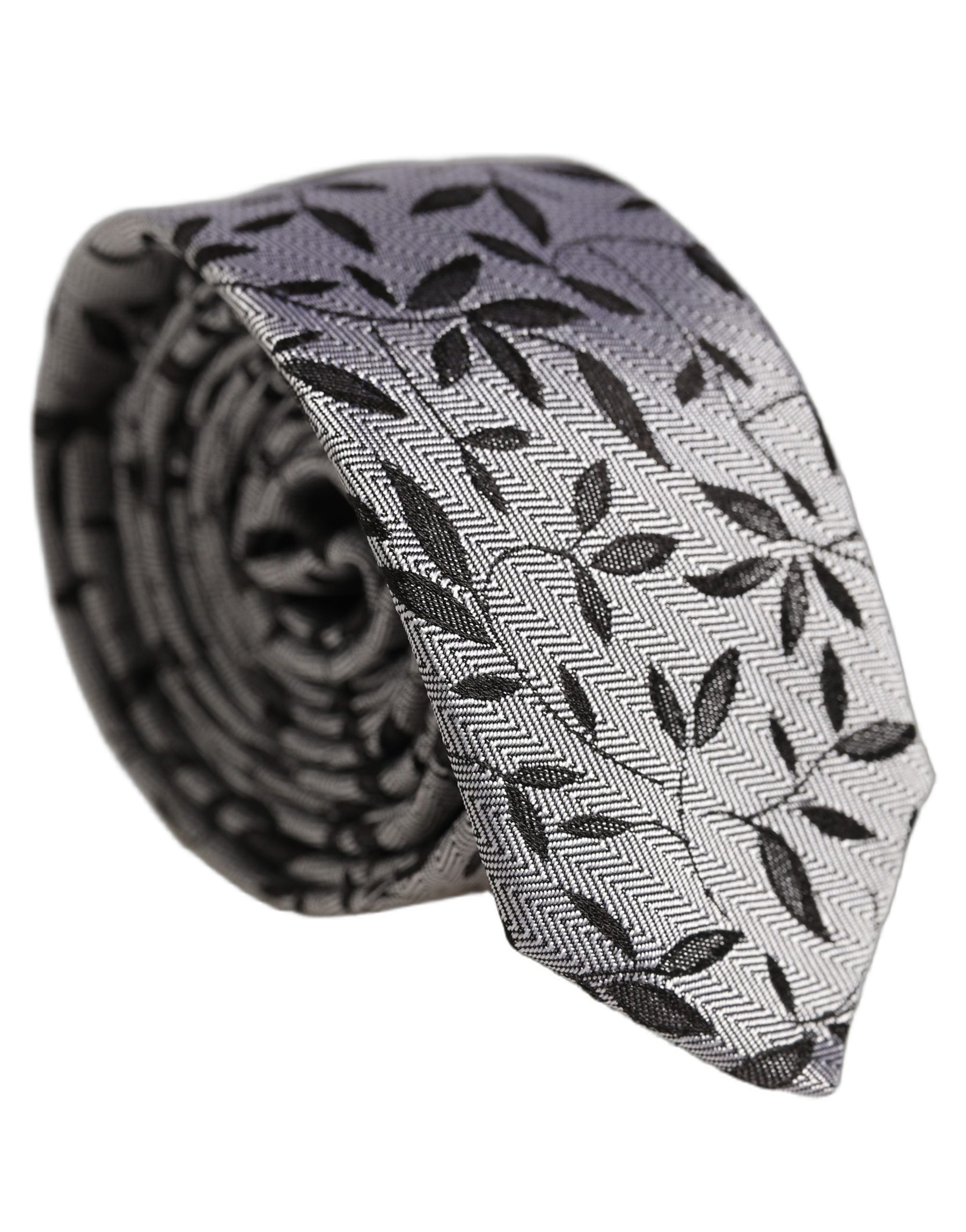 Dolce & Gabbana Men Gray Leaf Pattern Silk Adjustable Tied Necktie Tie | Regal Royce