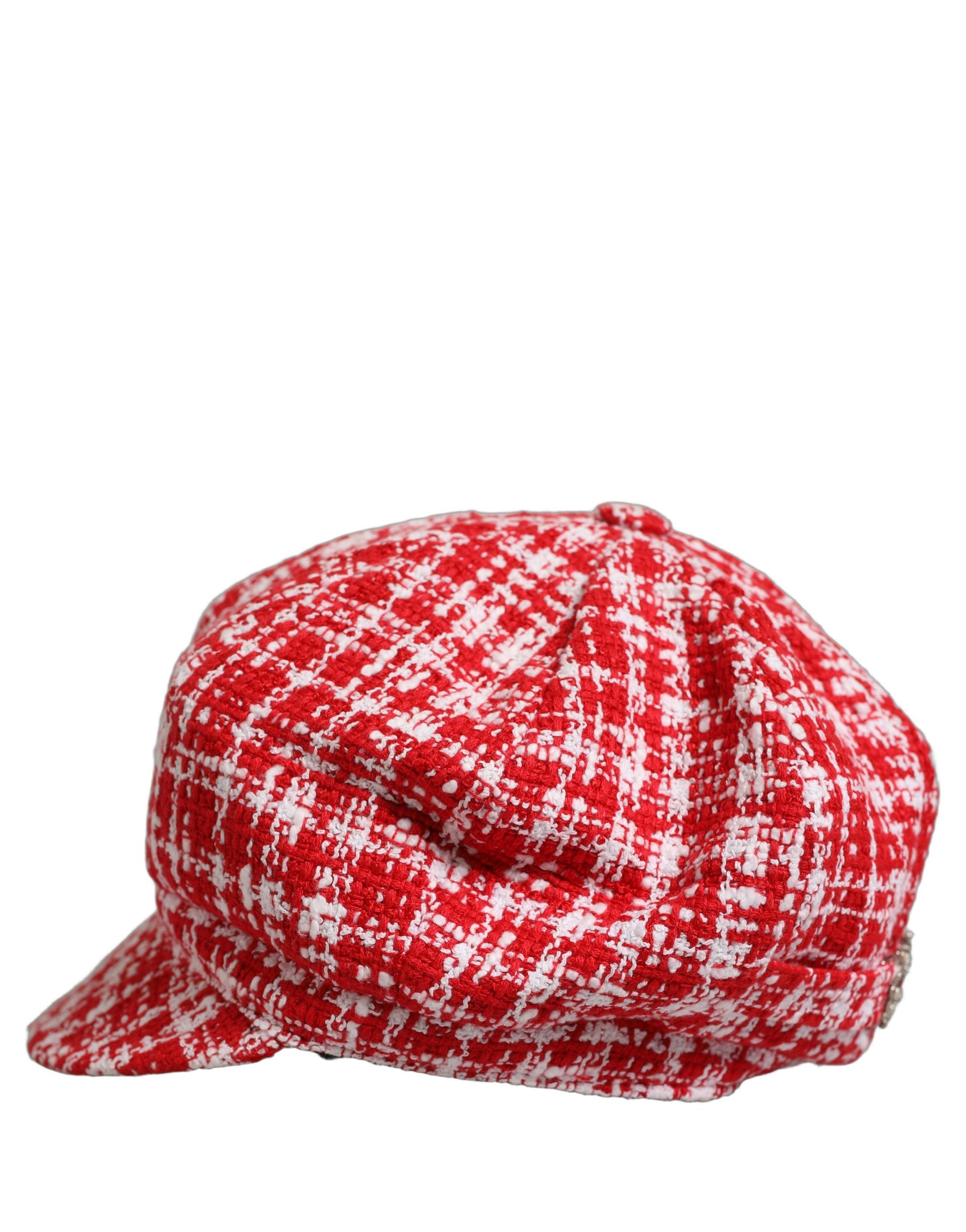 Dolce & Gabbana Red White Tweed Textured Baker Boy Capello Hat | Regal Royce