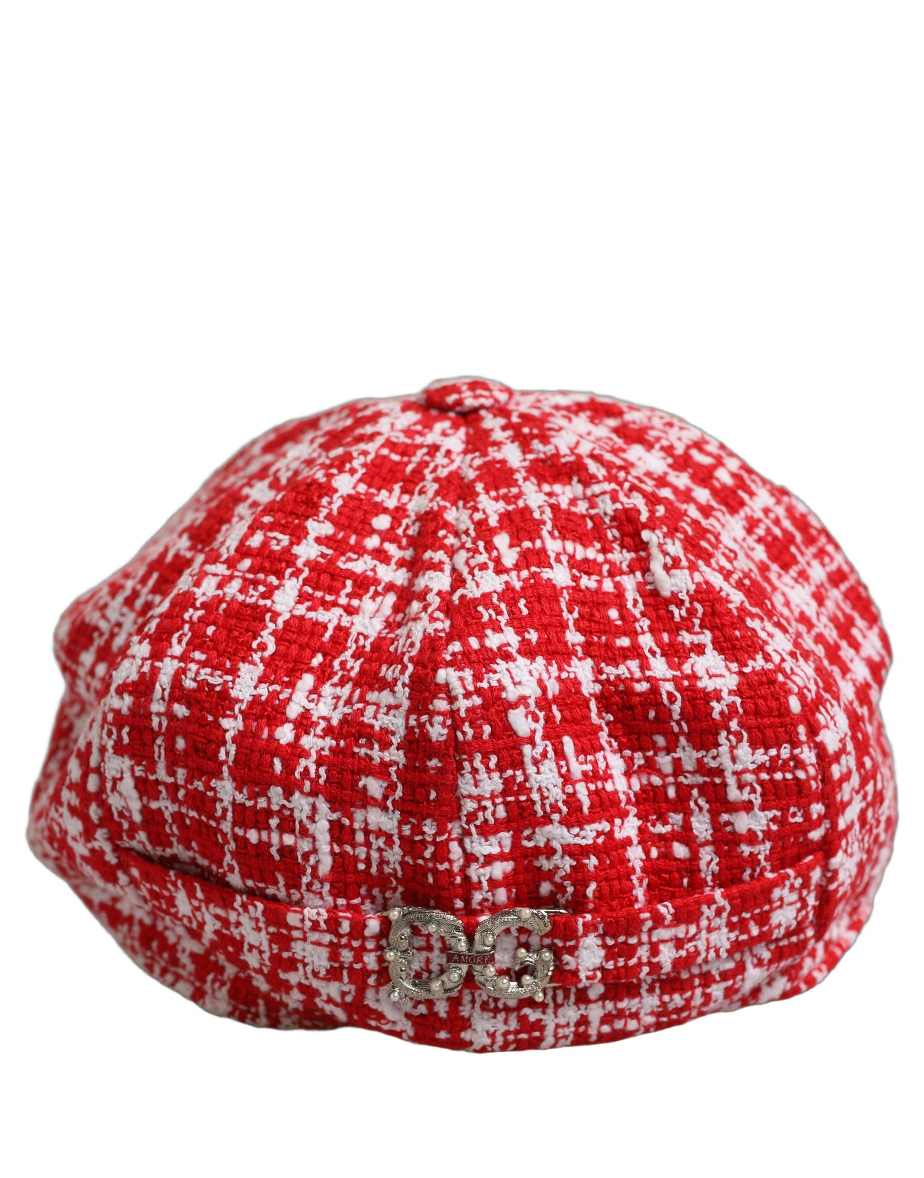 Dolce & Gabbana Red White Tweed Textured Baker Boy Capello Hat | Regal Royce