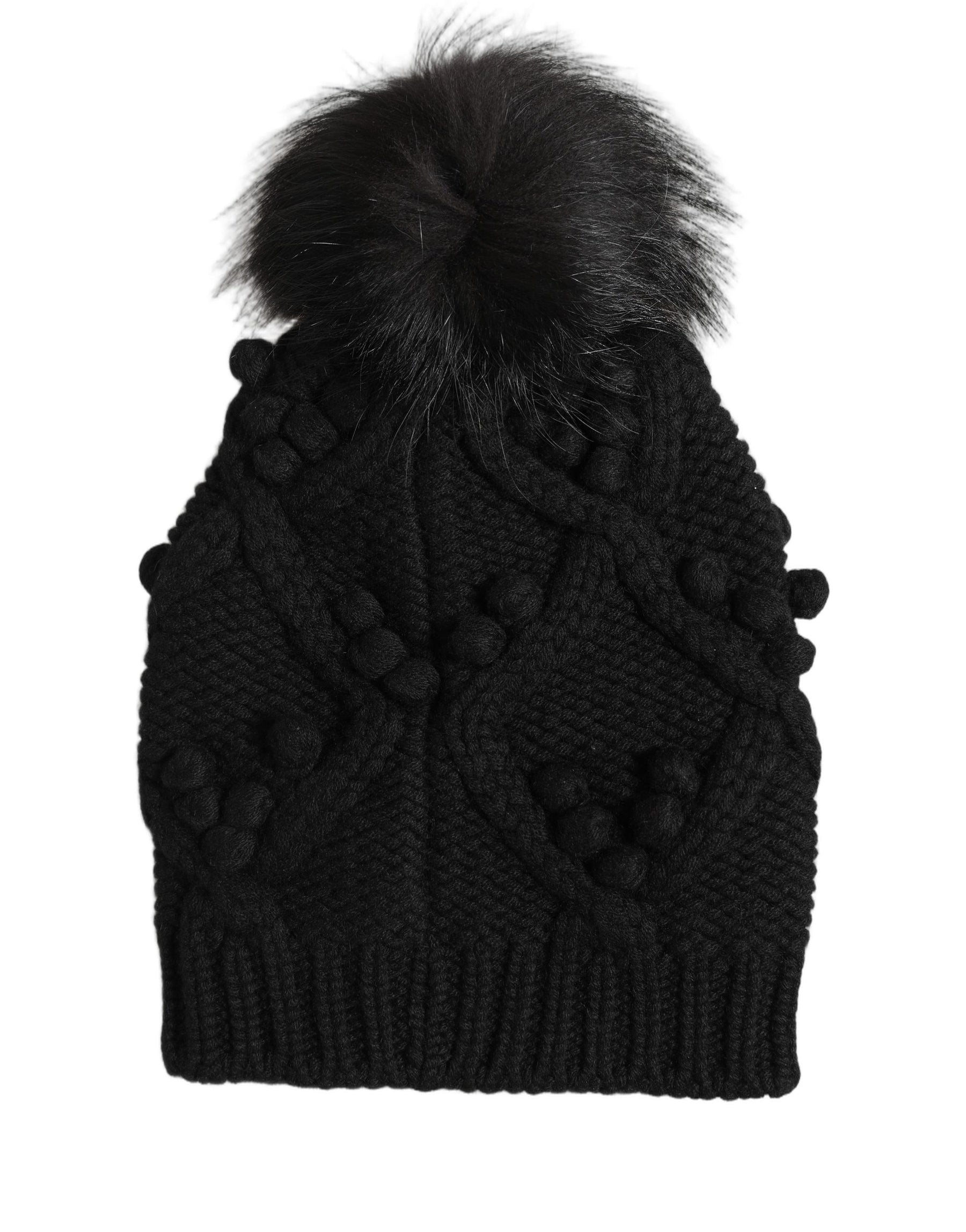 Dolce & Gabbana Black Cashmere Knitted Fur Pom-Pom Beanie One Size Hat | Regal Royce
