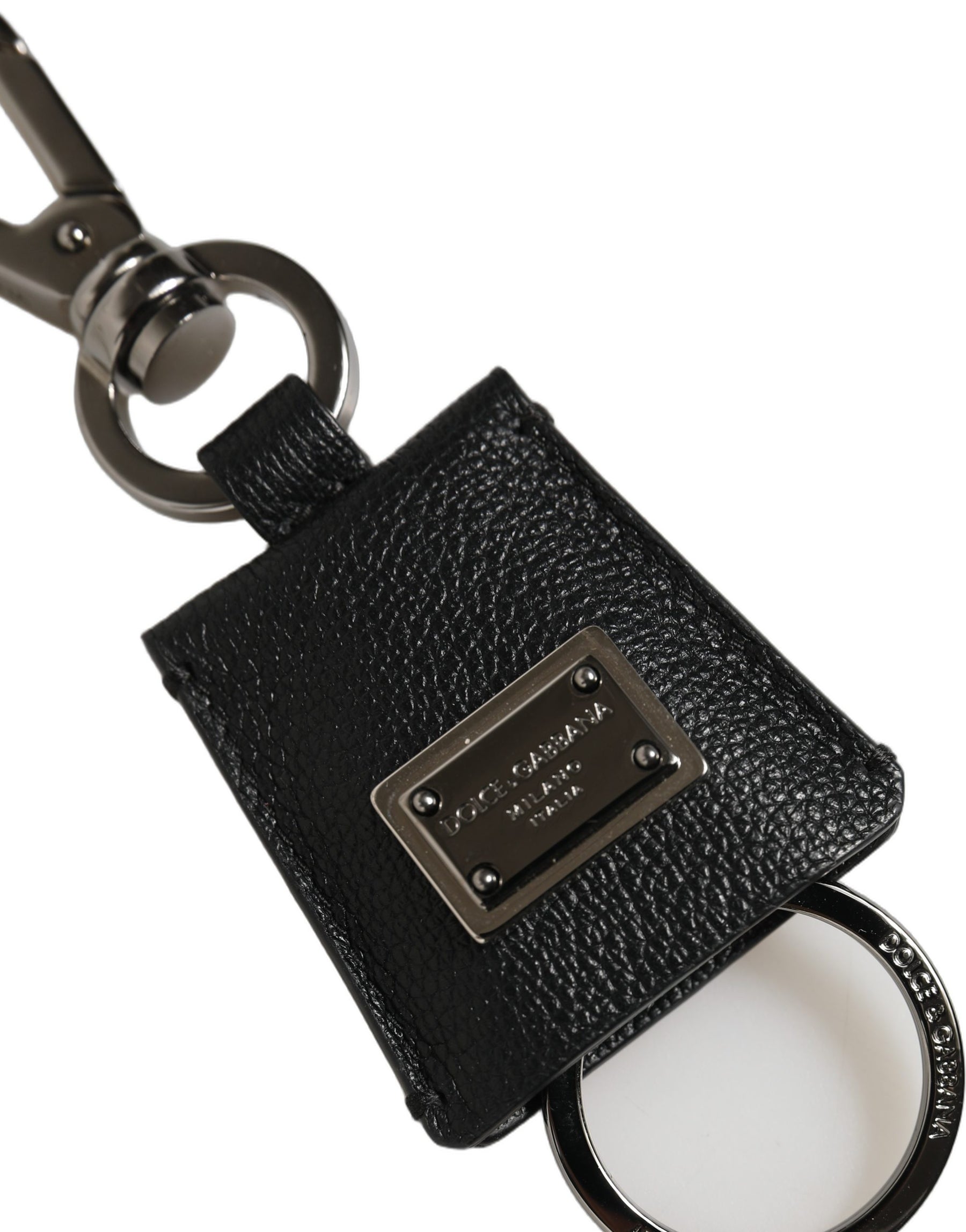 Dolce & Gabbana Black Dauphine Leather Silver Metal Logo Plaque Keyring | Regal Royce