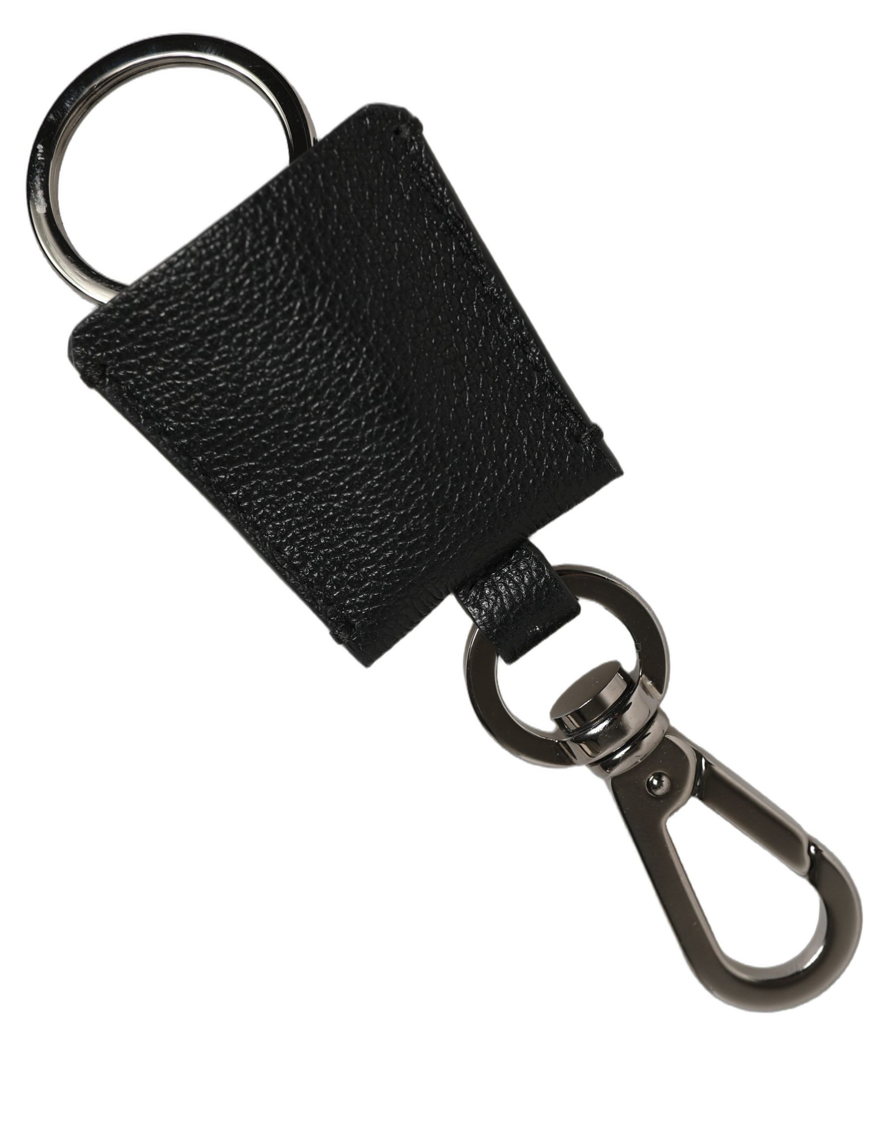 Dolce & Gabbana Black Dauphine Leather Silver Metal Logo Plaque Keyring | Regal Royce