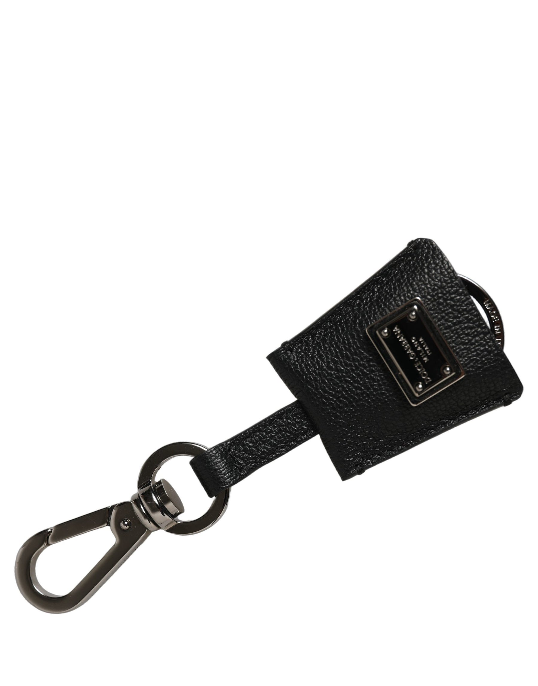 Dolce & Gabbana Black Dauphine Leather Silver Metal Logo Plaque Keyring | Regal Royce