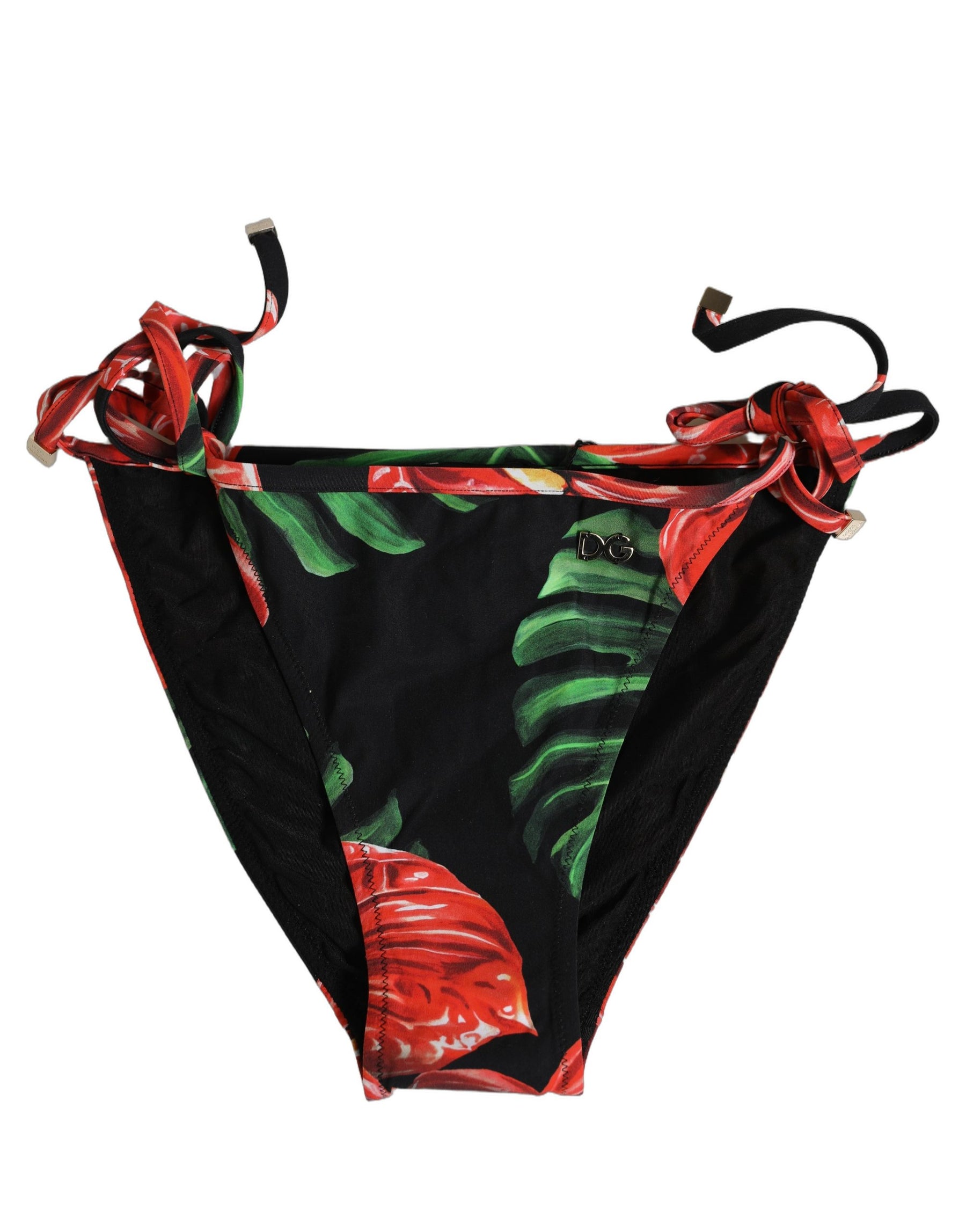 Dolce & Gabbana Black Floral Print Nylon Beachwear Bikini Bottom | Regal Royce