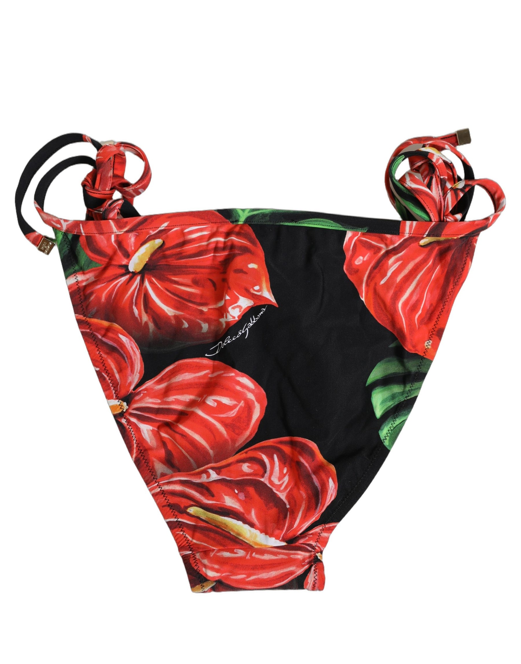Dolce & Gabbana Black Floral Print Nylon Beachwear Bikini Bottom | Regal Royce