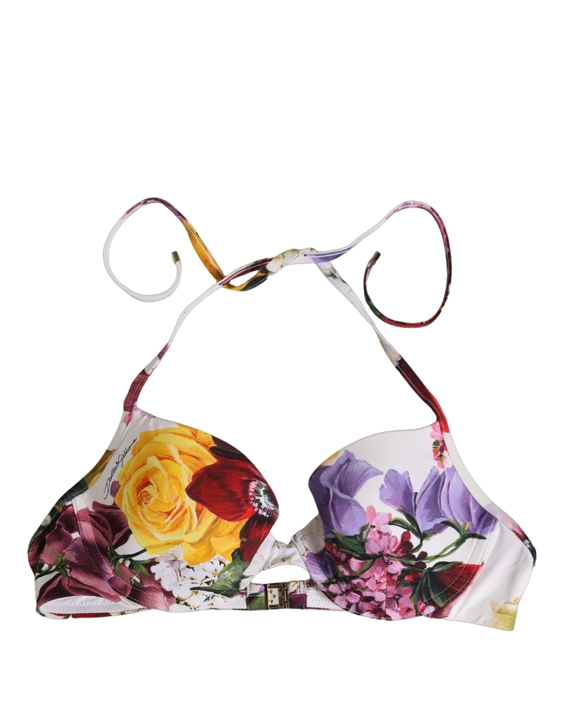 Dolce & Gabbana White Floral Print Nylon Beachwear Bikini Top | Regal Royce