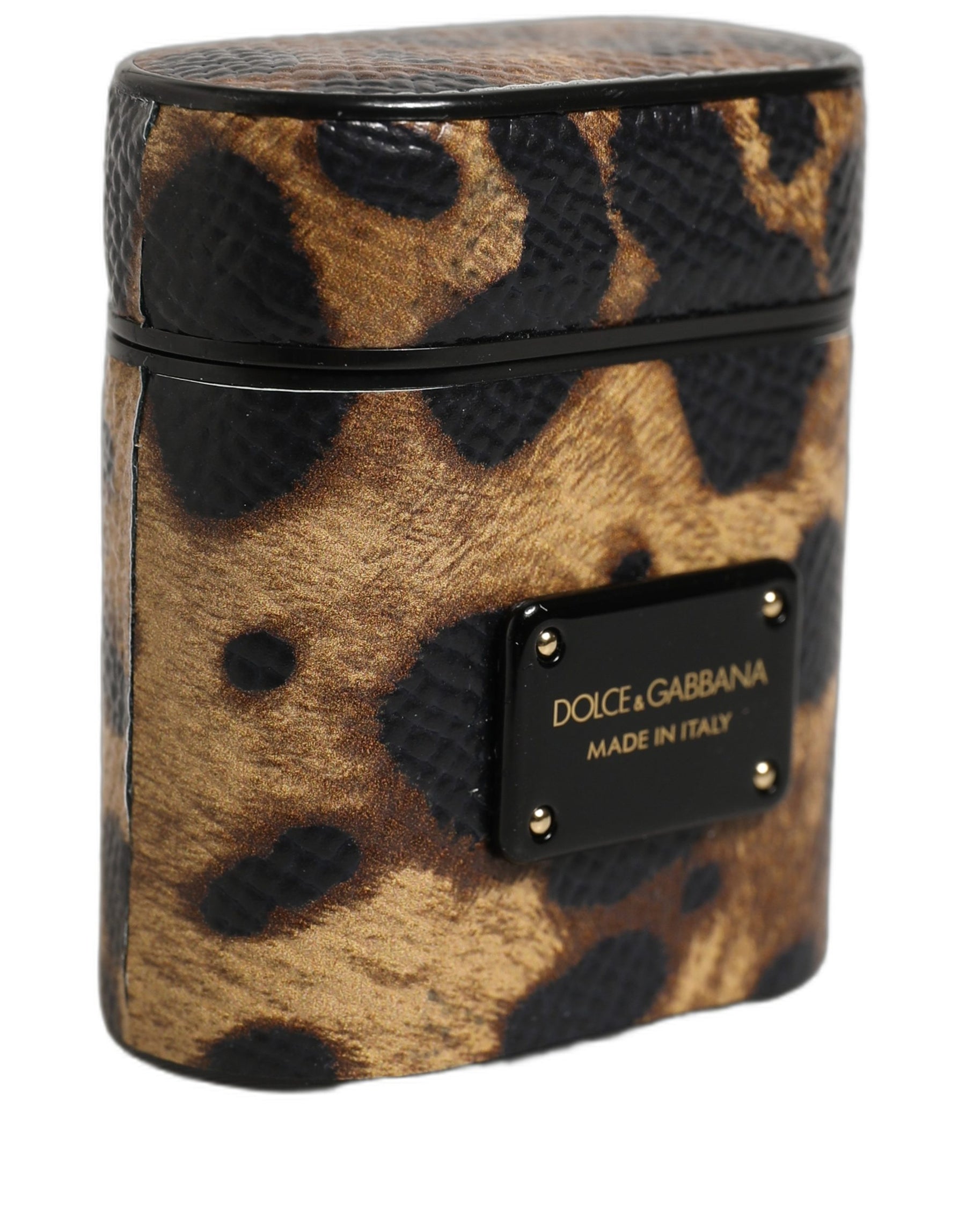 Dolce & Gabbana Brown Leopard Calf Leather Metal Logo Plaque Airpods Case | Regal Royce