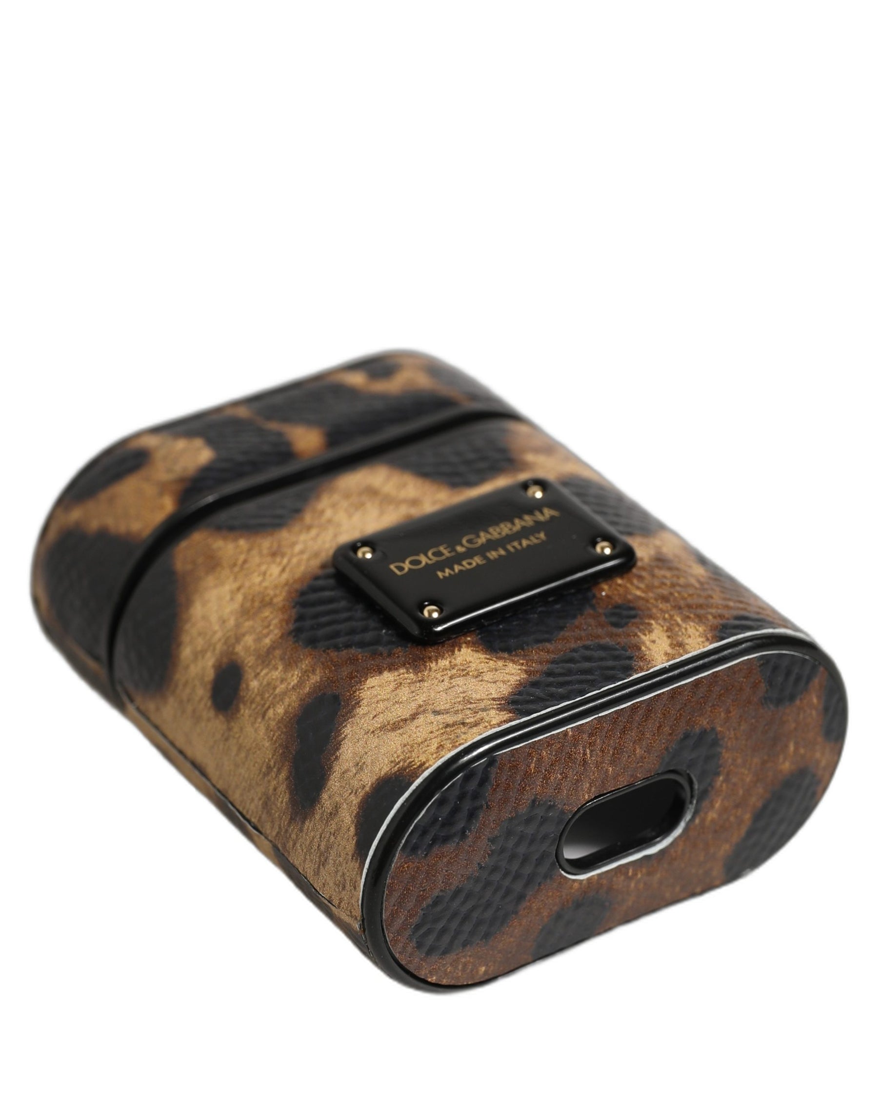 Dolce & Gabbana Brown Leopard Calf Leather Metal Logo Plaque Airpods Case | Regal Royce
