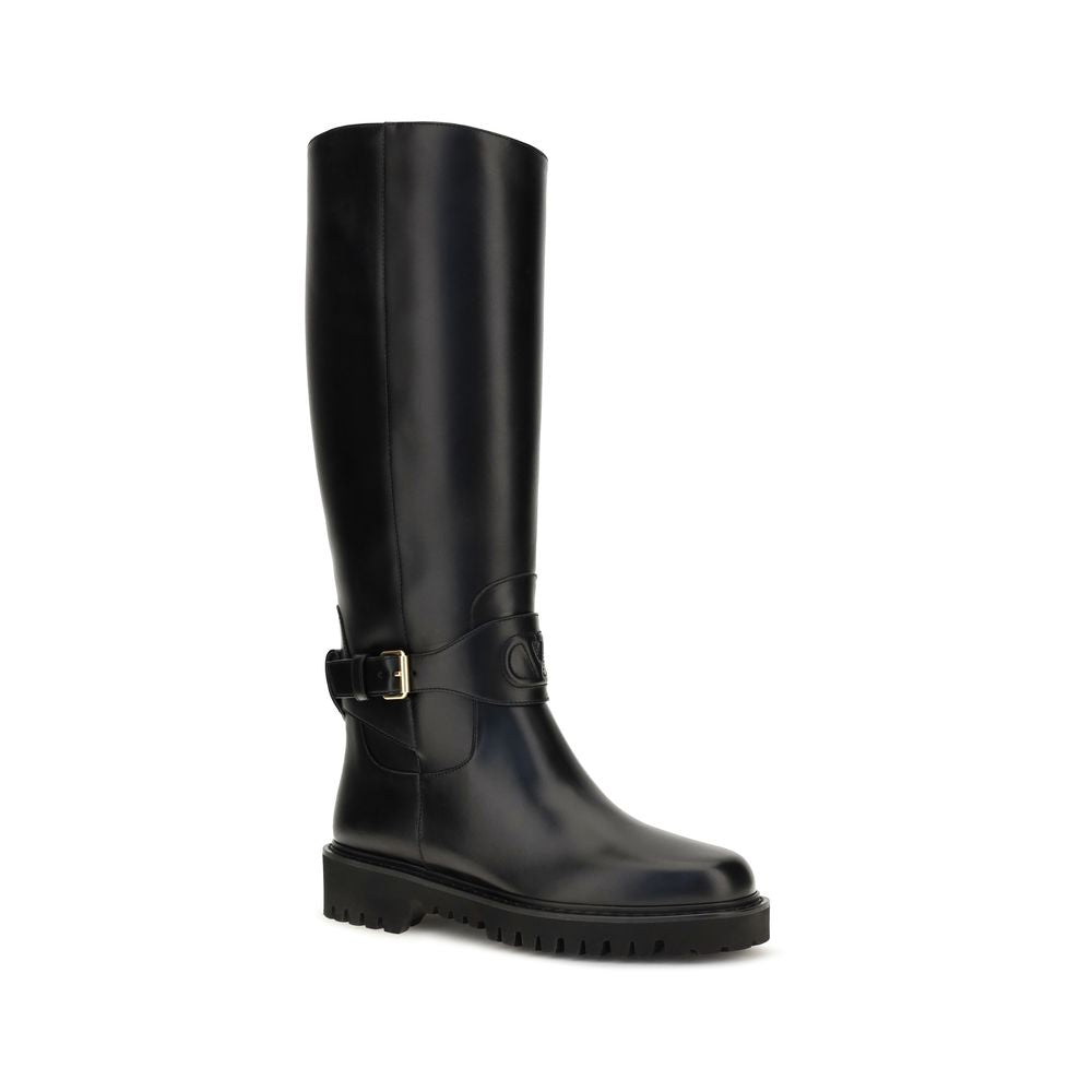 Valentino Garavani Black Calf Leather Bos Taurus Flat Boots | Regal Royce