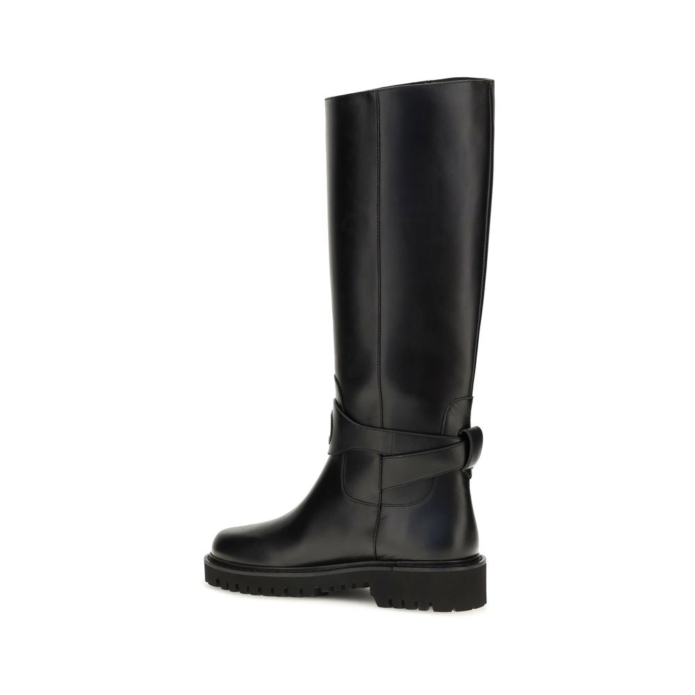 Valentino Garavani Black Calf Leather Bos Taurus Flat Boots | Regal Royce