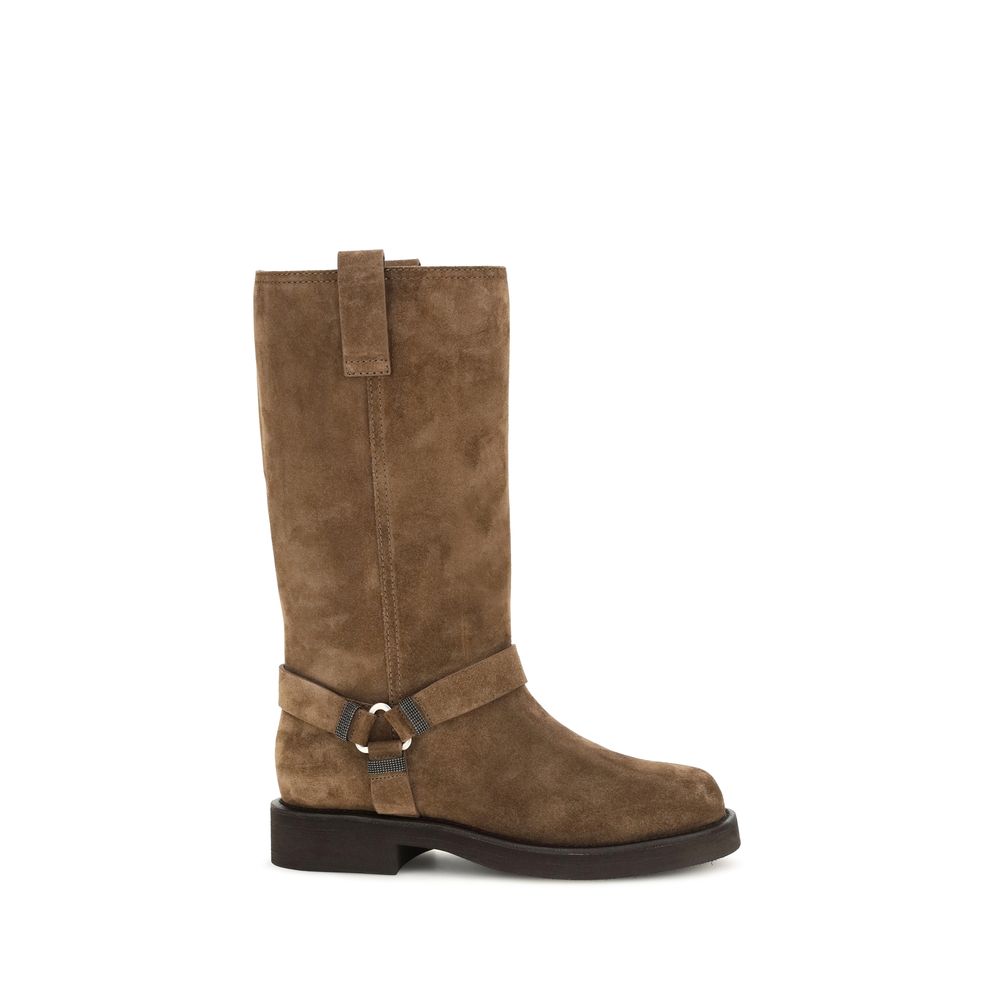 Brunello Cucinelli Brown Calf Leather Bos Taurus Flat Boots | Regal Royce