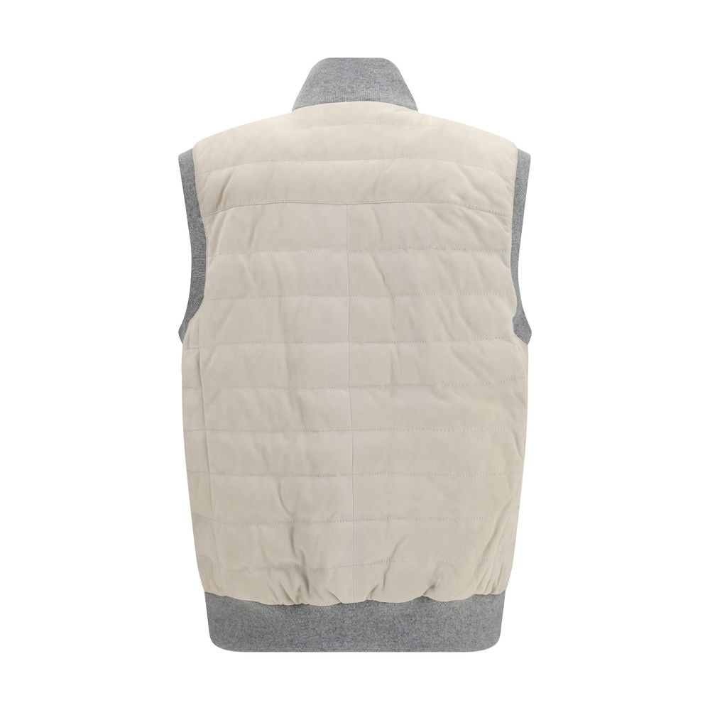 Brunello Cucinelli Beige Calf Leather Bos Taurus Sleeveless Jacket | Regal Royce