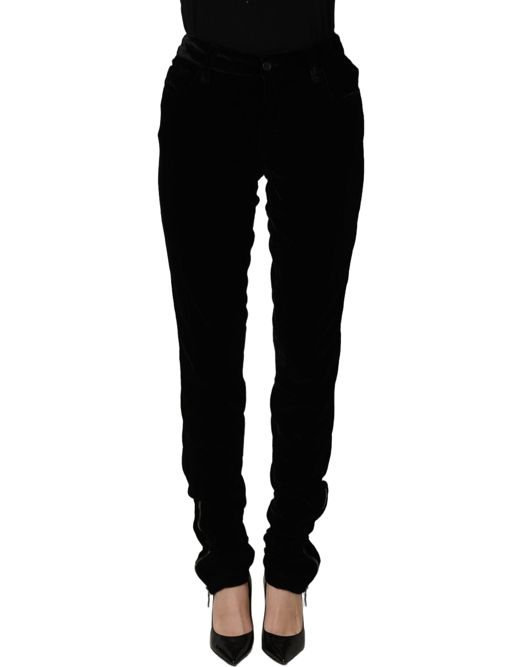 Ermanno Scervino Black Viscose Blend Velvet Slim Fit Pants | Regal Royce
