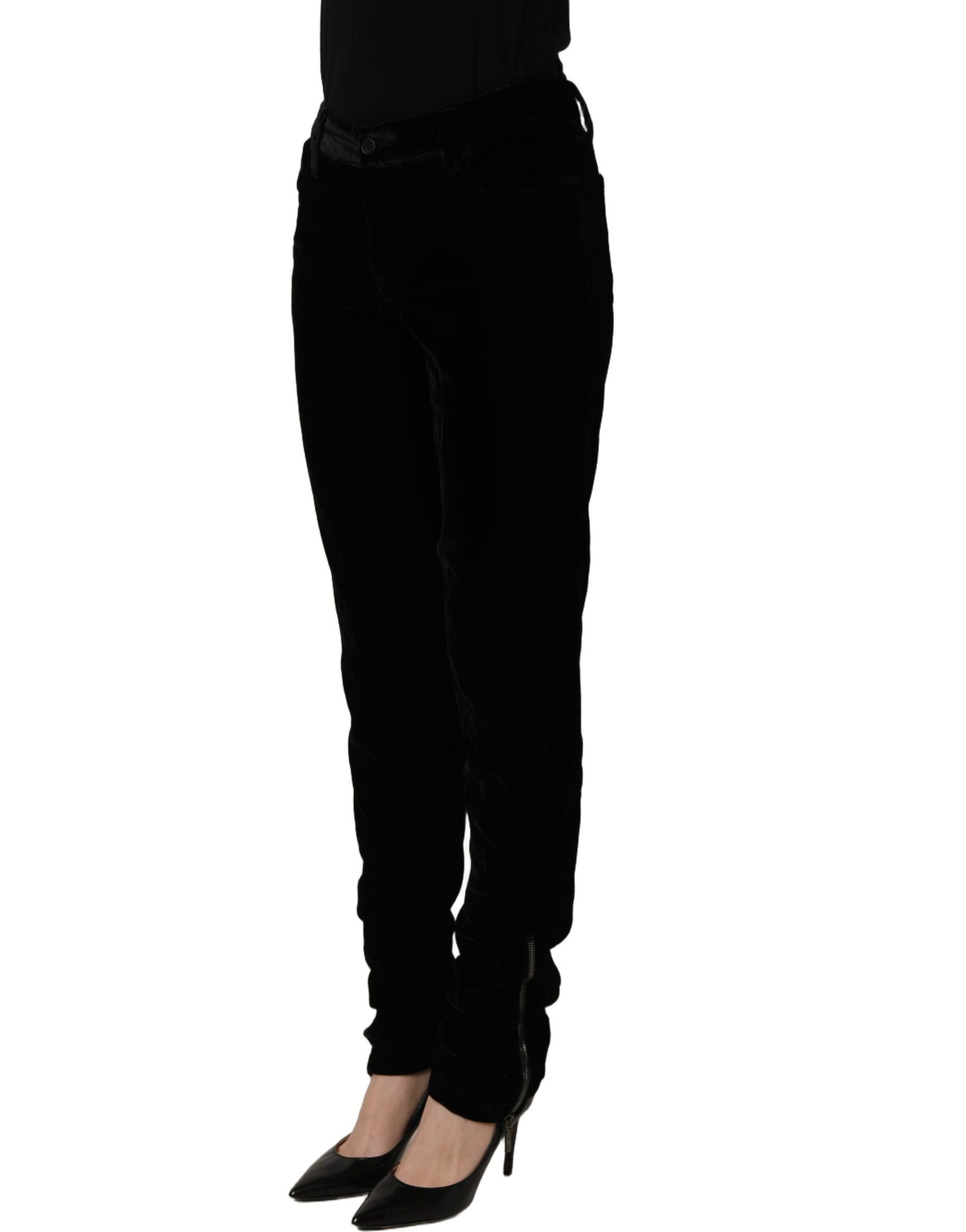 Ermanno Scervino Black Viscose Blend Velvet Slim Fit Pants | Regal Royce