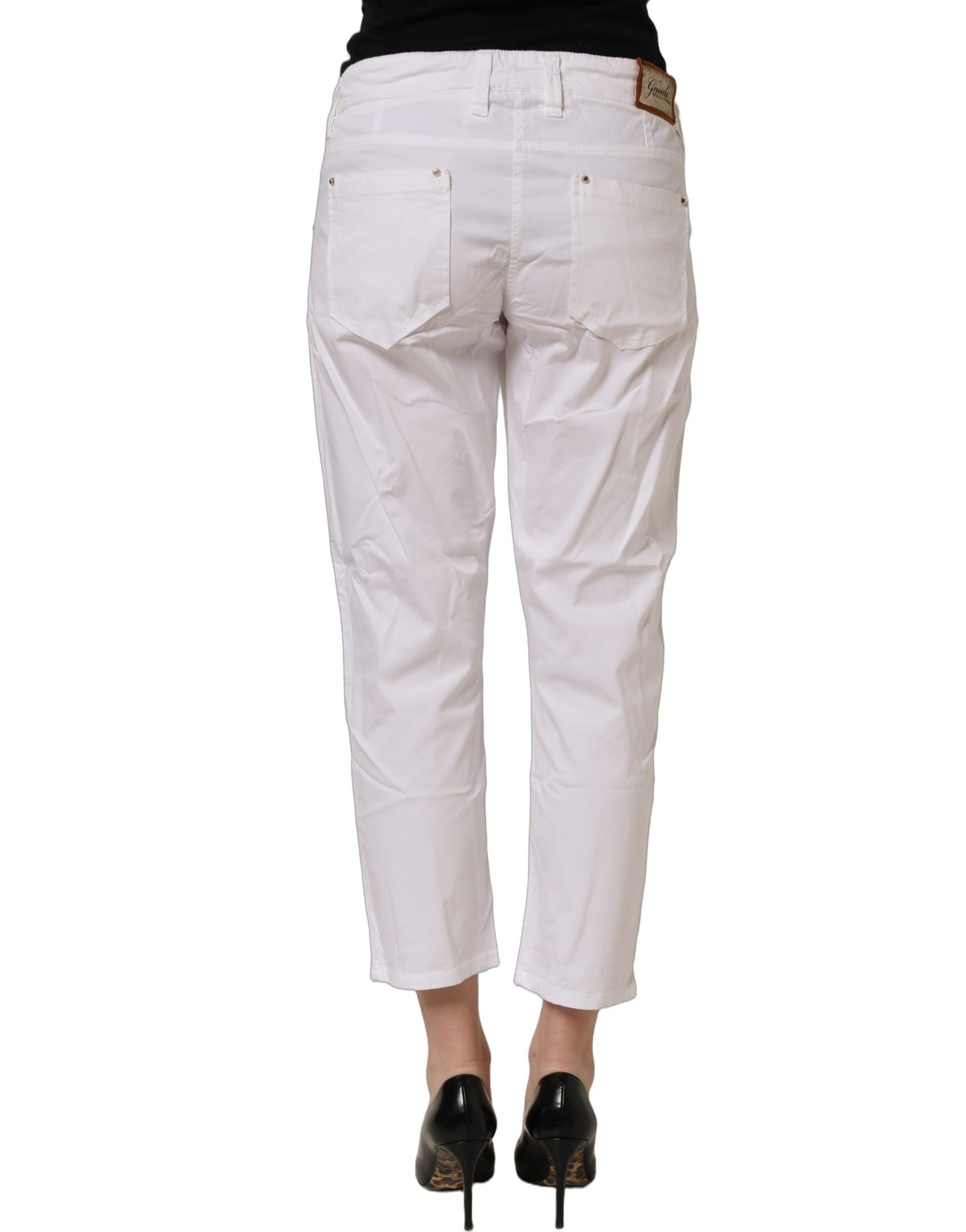 Gaudi White Mid Waist Straight Cropped Cotton Trouser Pants | Regal Royce
