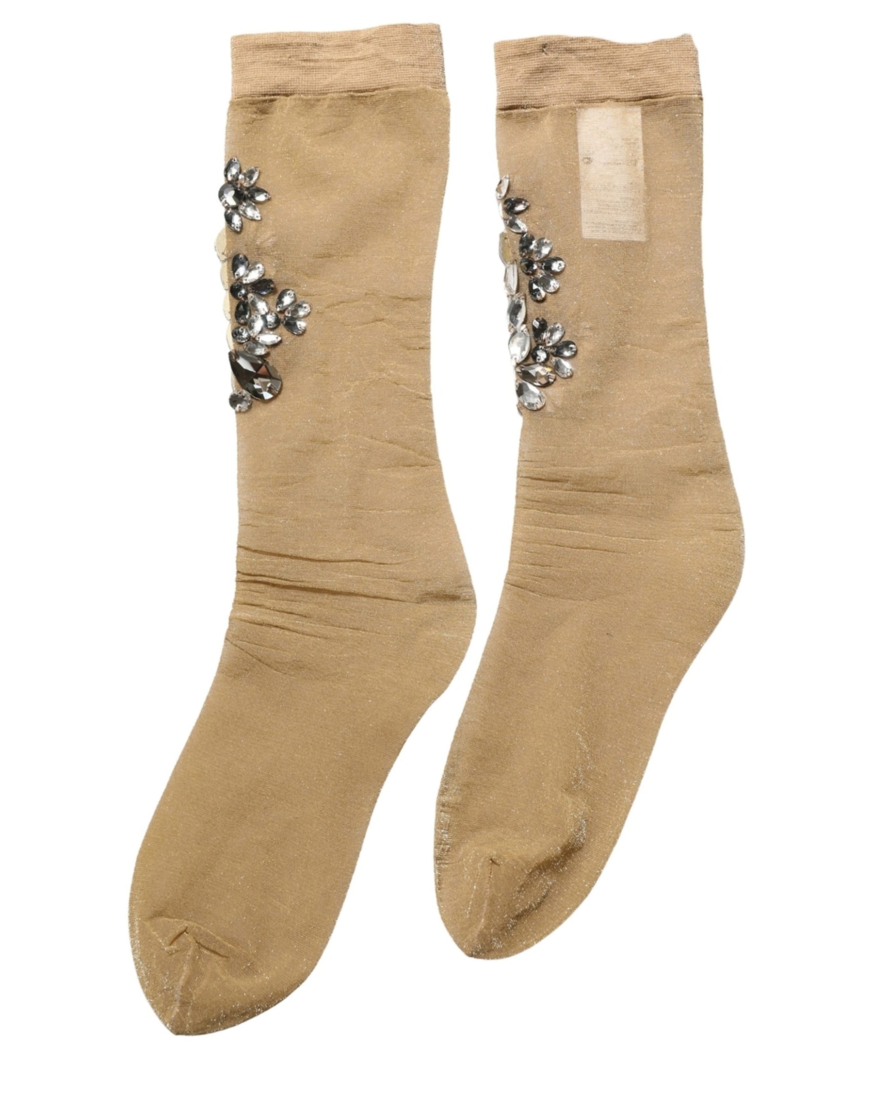 Dolce & Gabbana Brown Stretch Floral Clear Crystal Stockings Socks | Regal Royce