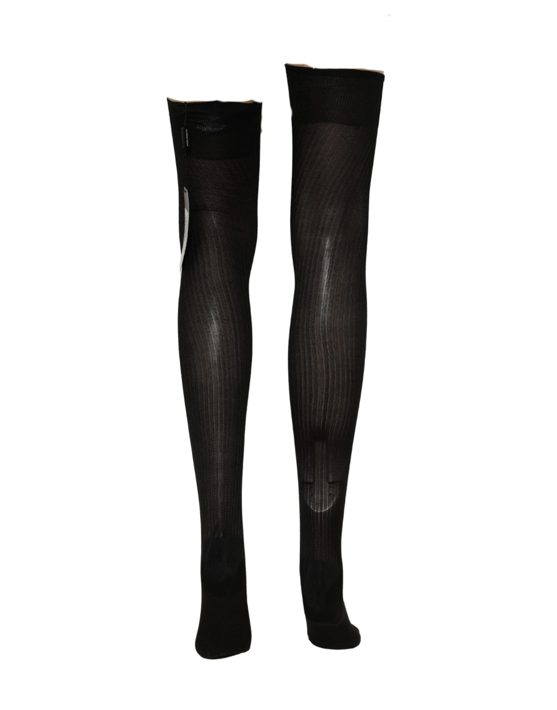 Dolce & Gabbana Black DG Logo Rhinestones Stretch Thigh High Socks | Regal Royce