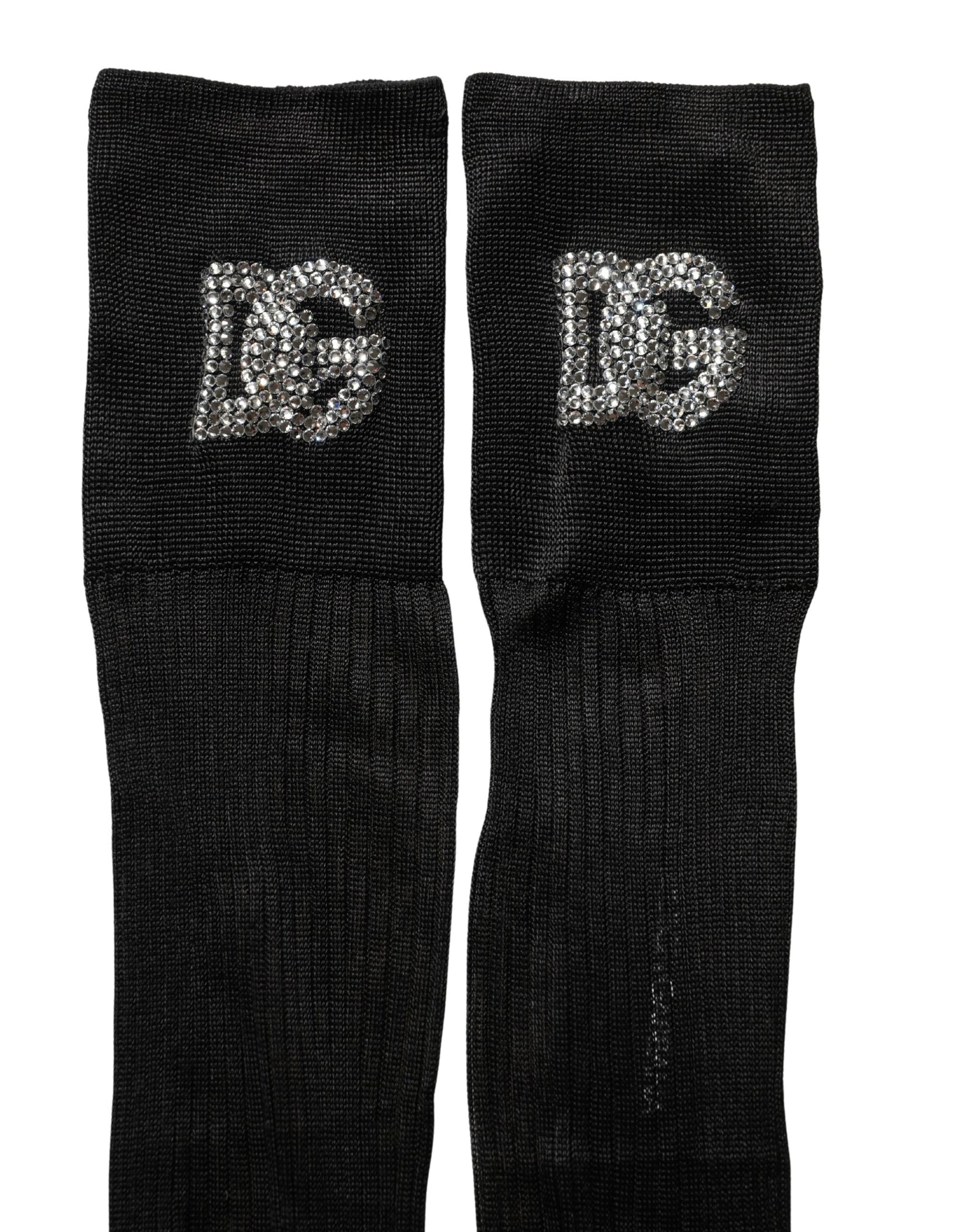 Dolce & Gabbana Black DG Logo Rhinestones Stretch Thigh High Socks | Regal Royce
