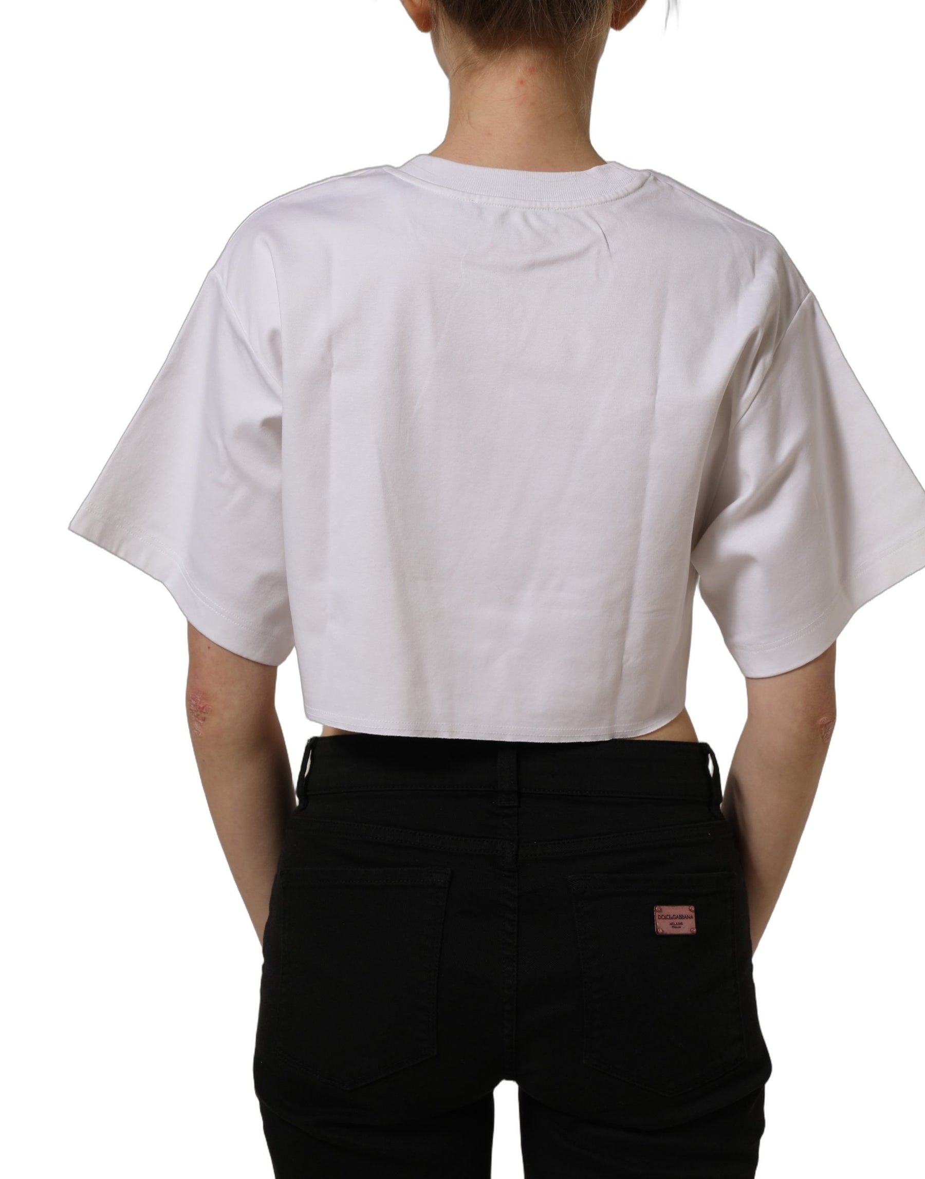 Dolce & Gabbana White Graphic Cotton Jersey Cropped T-shirt | Regal Royce
