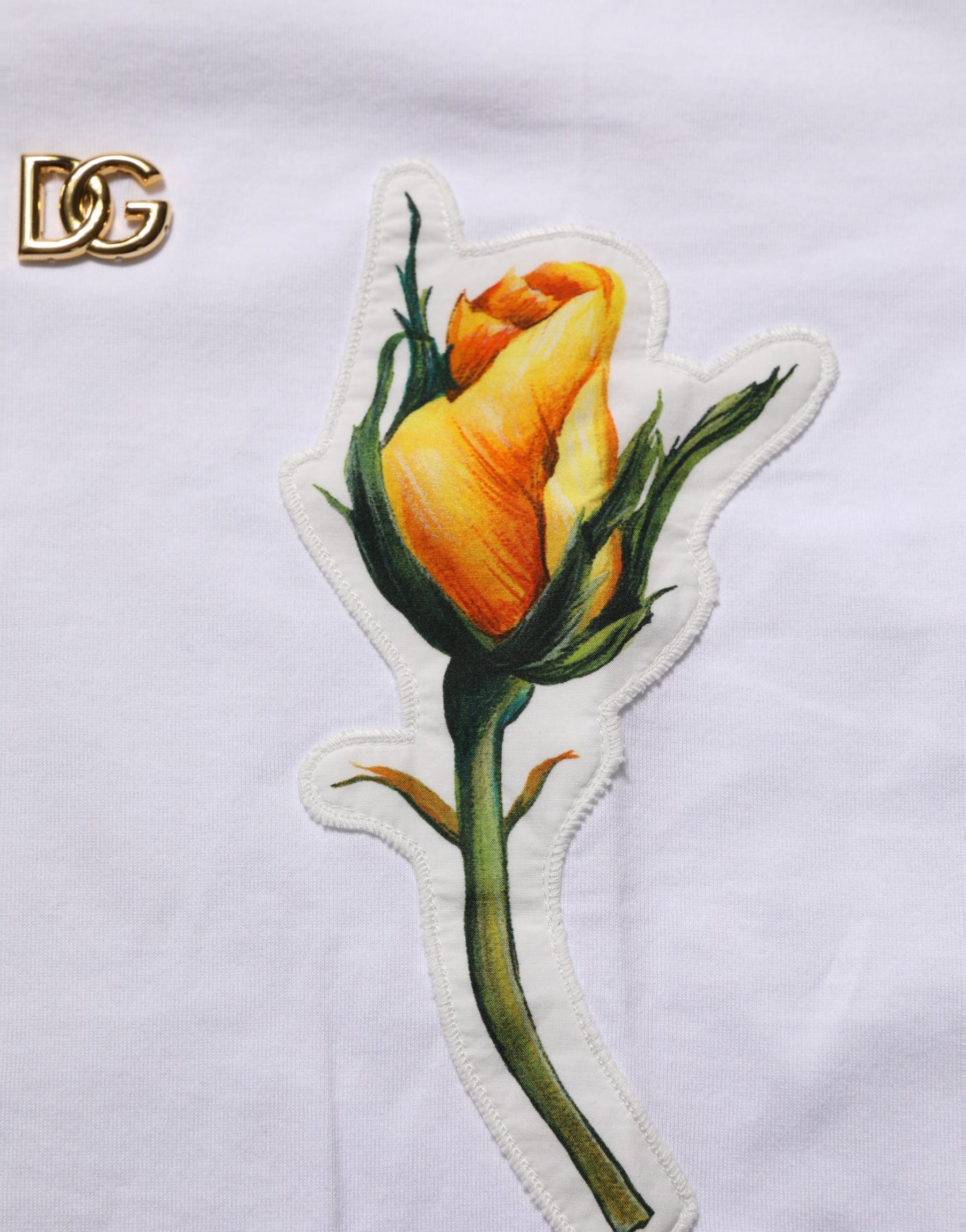 Dolce & Gabbana White Cotton Rose Patch Crew Neck T-shirt | Regal Royce