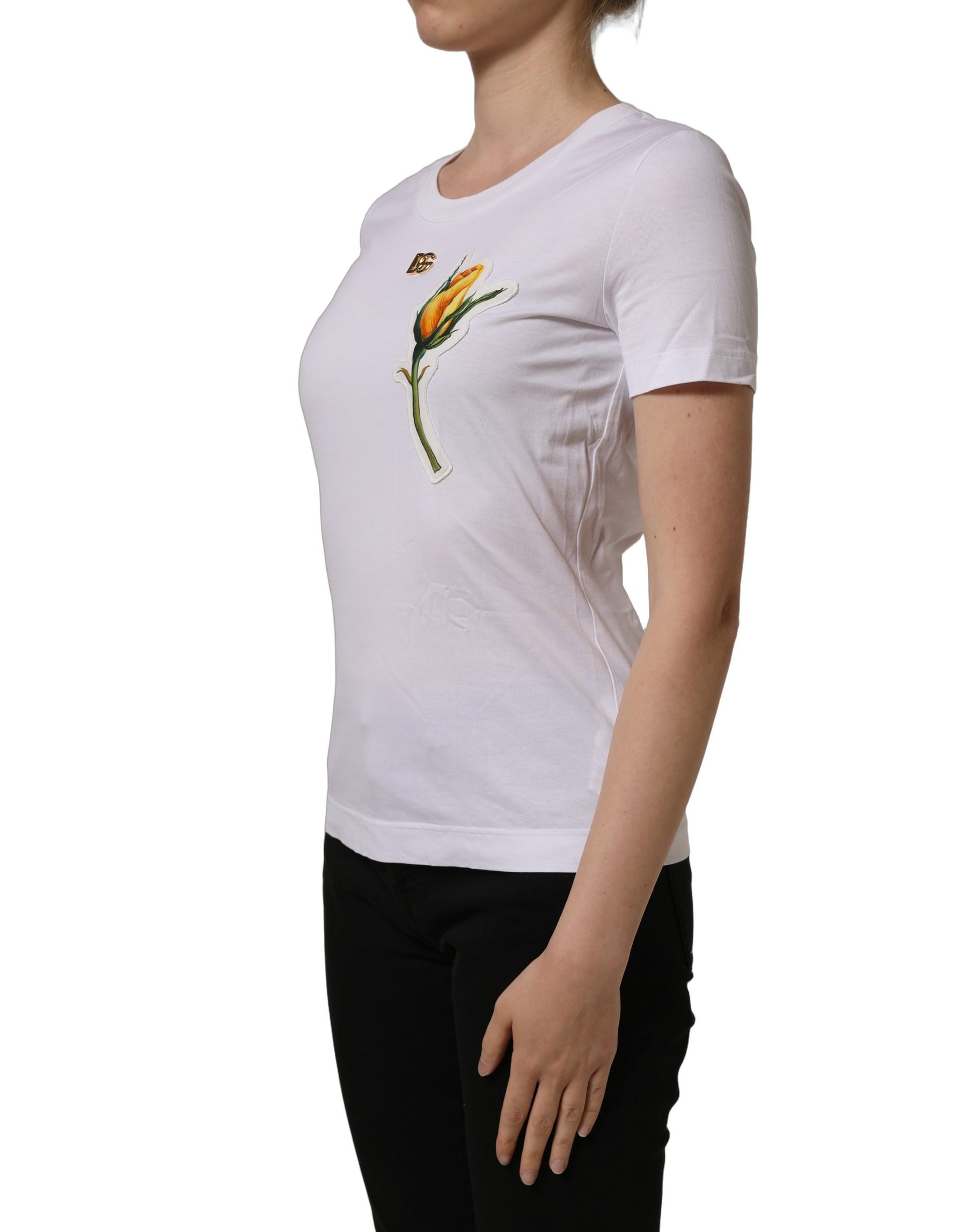 Dolce & Gabbana White Cotton Rose Patch Crew Neck T-shirt | Regal Royce