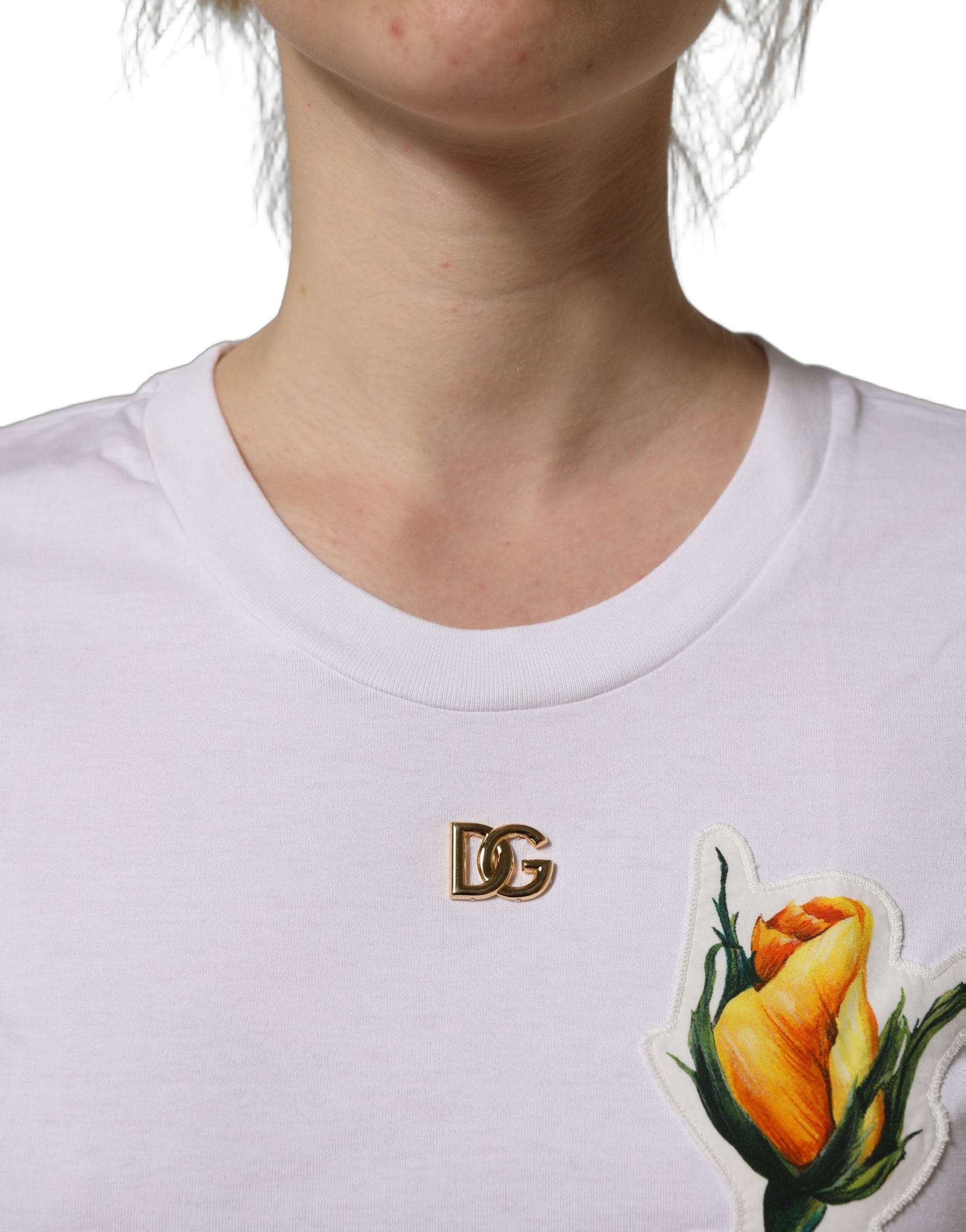 Dolce & Gabbana White Cotton Rose Patch Crew Neck T-shirt | Regal Royce