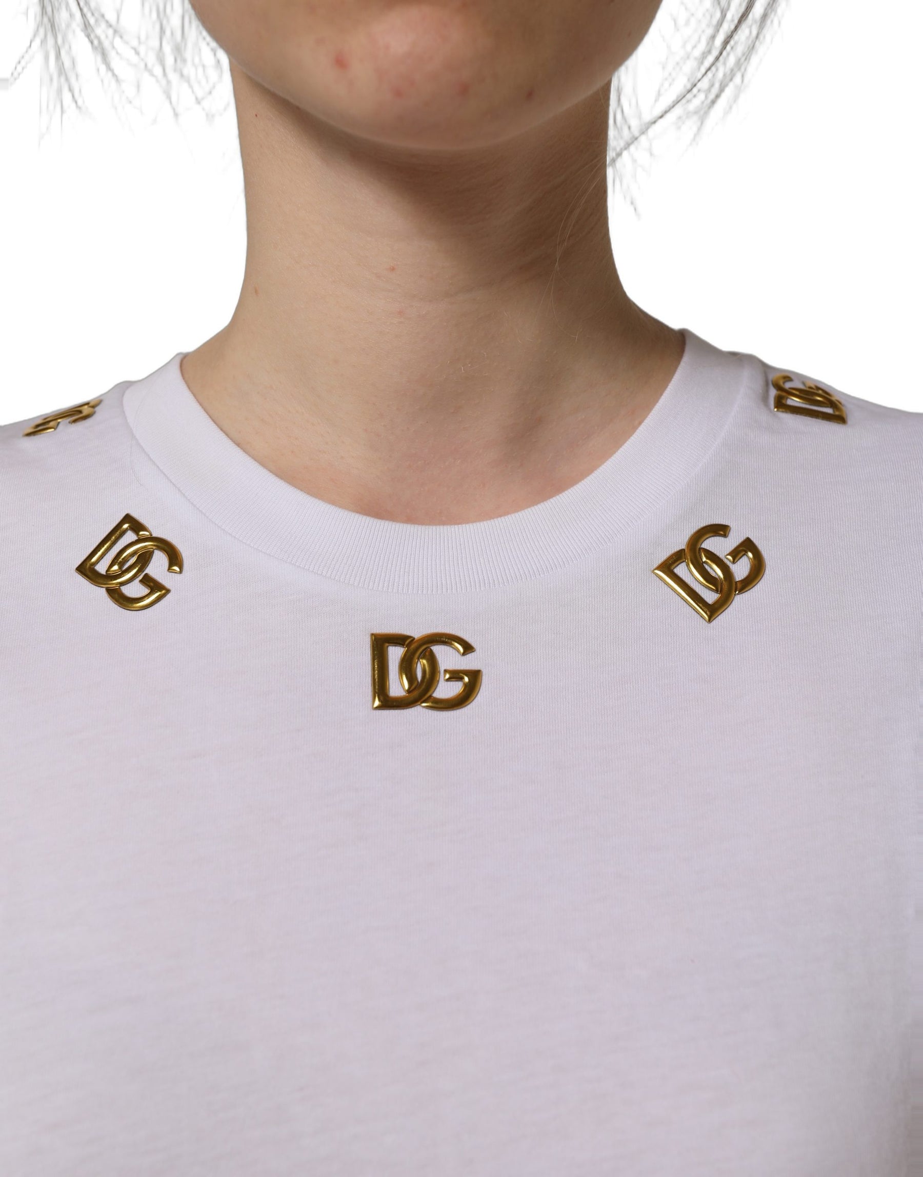 Dolce & Gabbana White Cotton Gold DG Logo Crew Neck T-shirt | Regal Royce