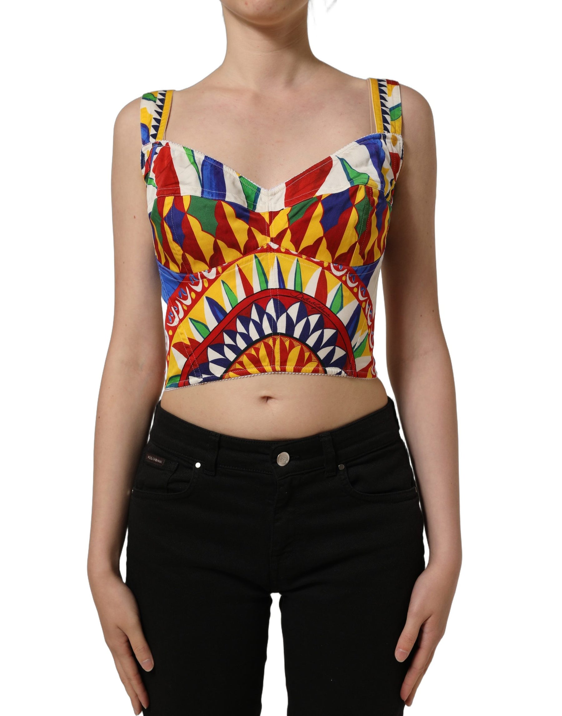 Dolce & Gabbana Multicolor Silk Carretto Print Cropped Tank Top | Regal Royce