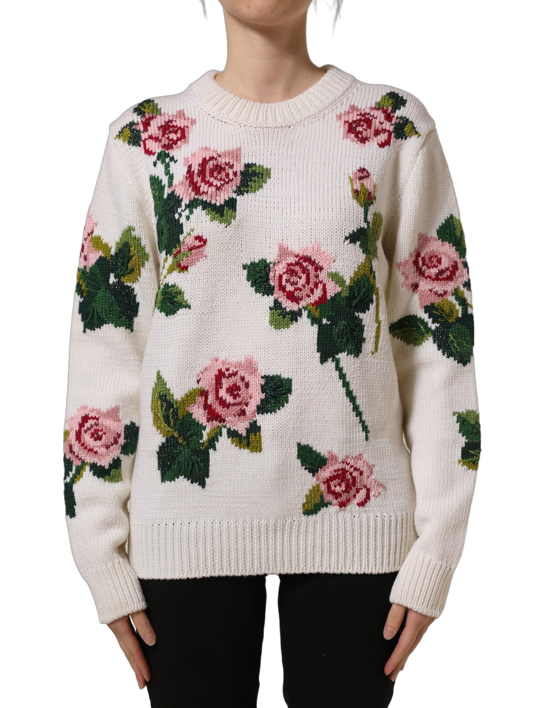 Dolce & Gabbana White Wool Floral Crew Neck Pullover Sweater | Regal Royce