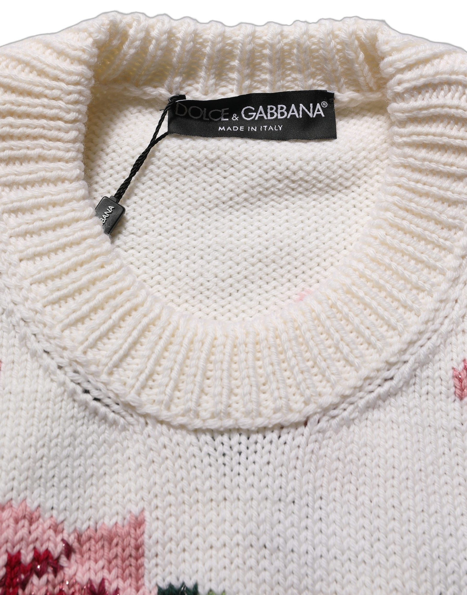 Dolce & Gabbana White Wool Floral Crew Neck Pullover Sweater | Regal Royce