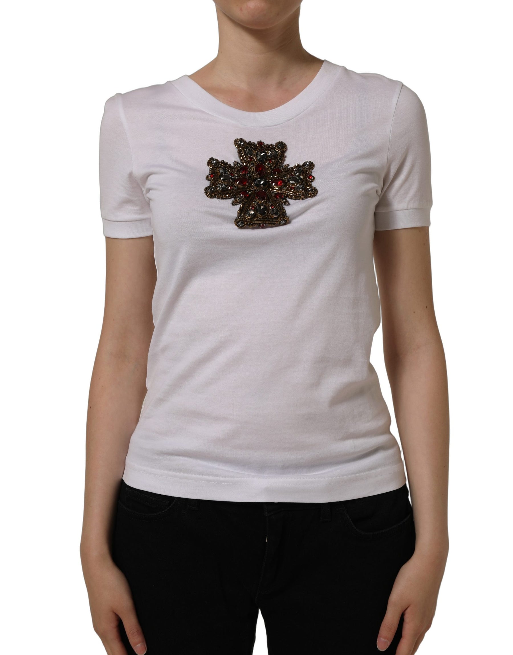 Dolce & Gabbana White Crystal Embellished Cross Top T-shirt | Regal Royce
