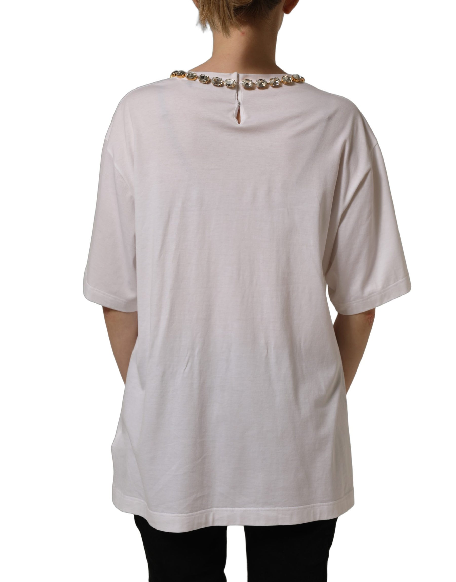 Dolce & Gabbana White Printed Jeweled Round Neck T-shirt | Regal Royce