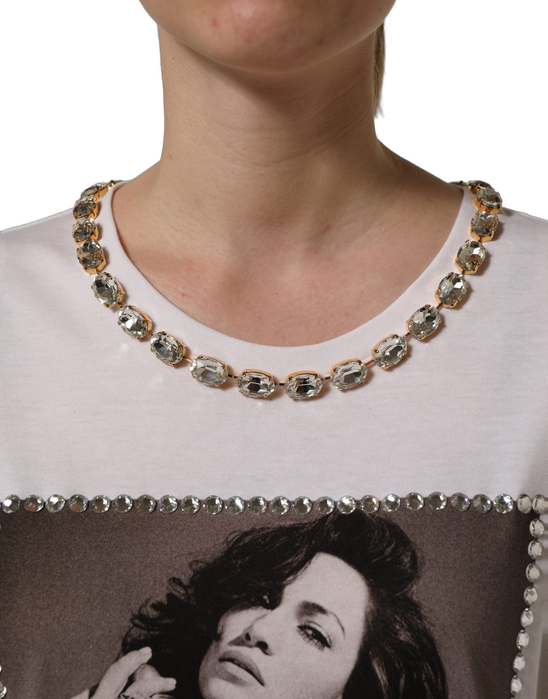 Dolce & Gabbana White Printed Jeweled Round Neck T-shirt | Regal Royce