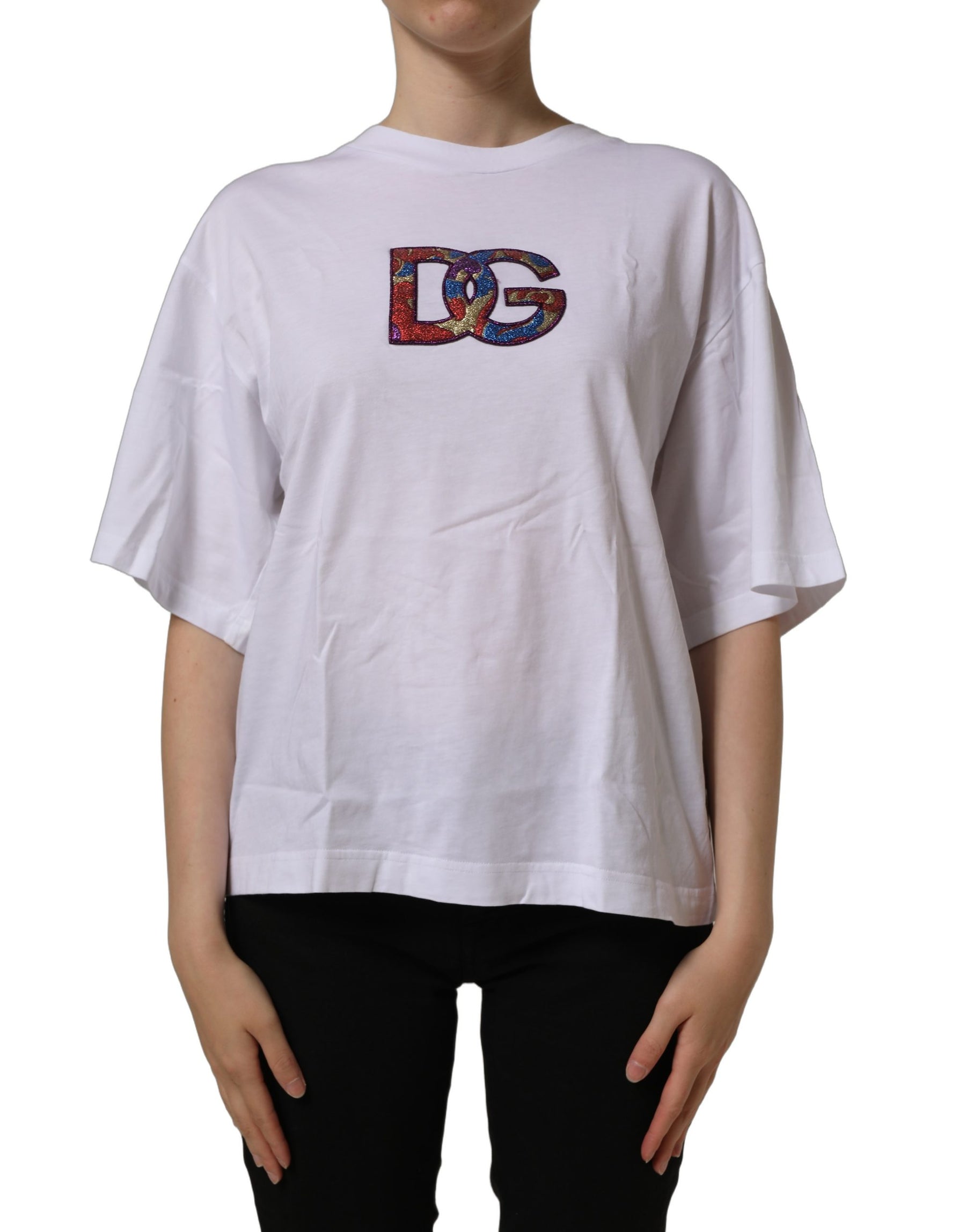 Dolce & Gabbana White Logo Patch Cotton Crew Neck T-shirt | Regal Royce