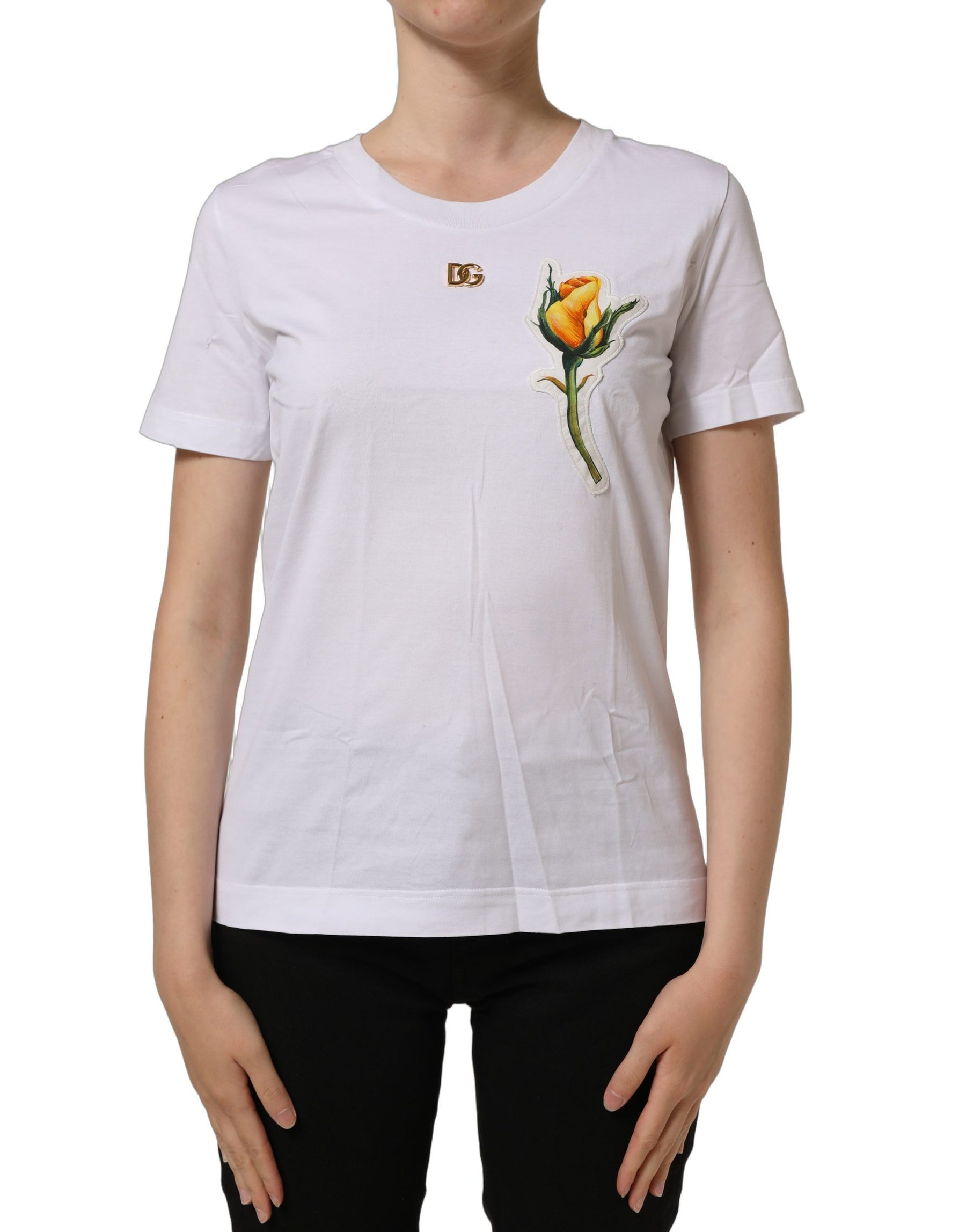 Dolce & Gabbana White Cotton Rose Patch Crew Neck T-shirt | Regal Royce