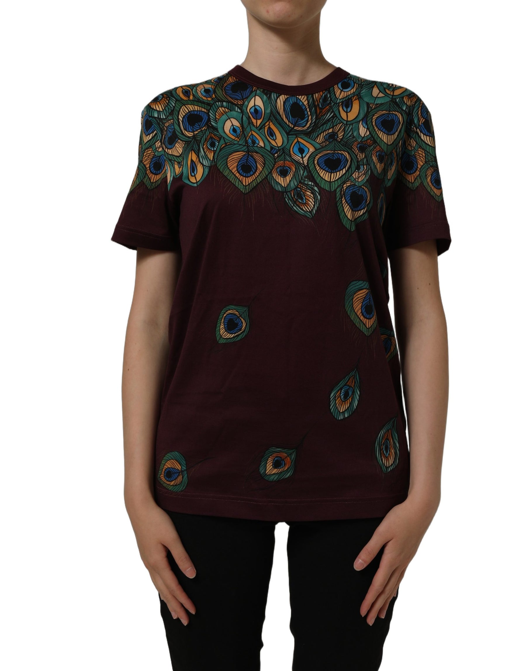 Dolce & Gabbana Burgundy Peacock Feather Round Neck T-shirt | Regal Royce