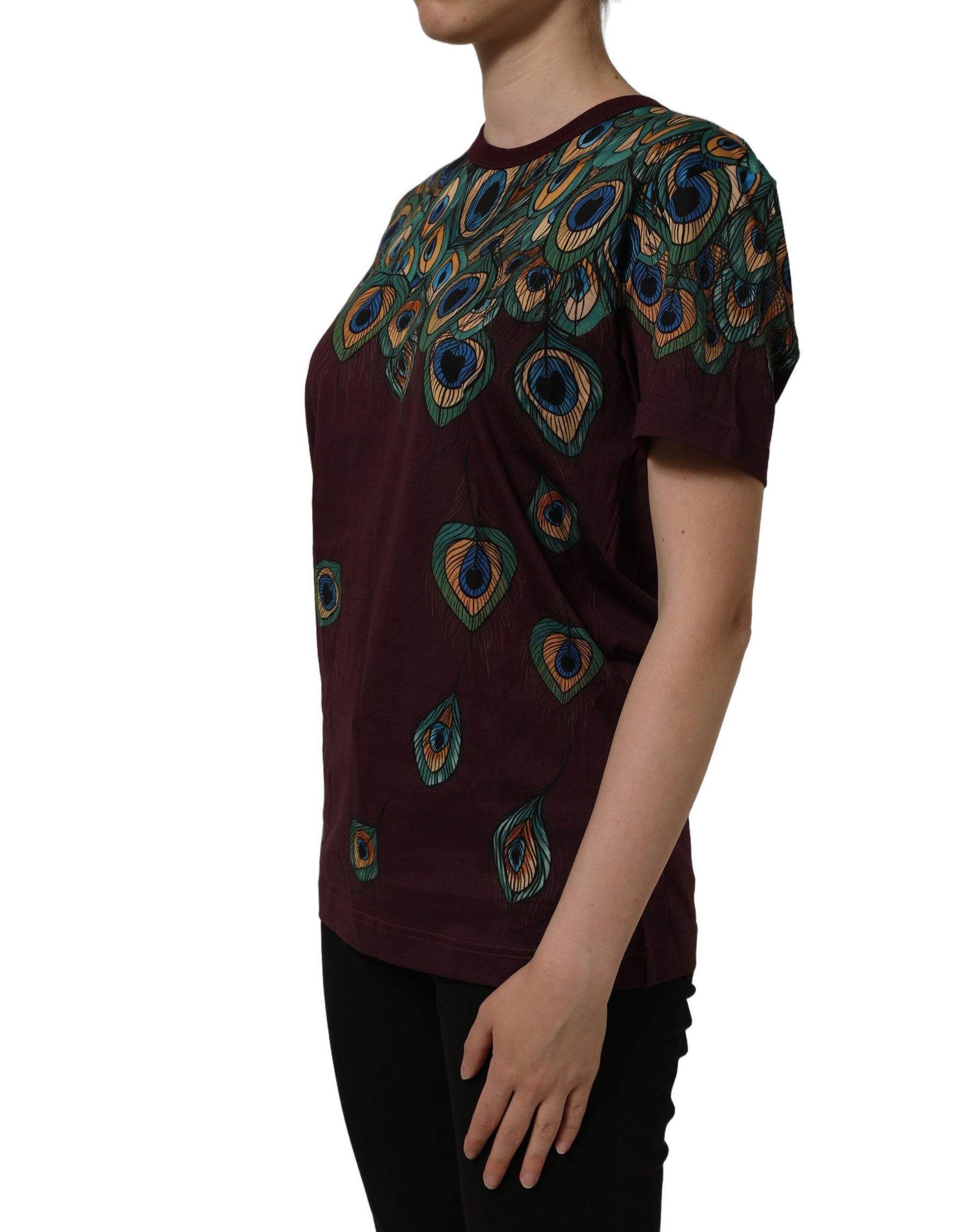 Dolce & Gabbana Burgundy Peacock Feather Round Neck T-shirt | Regal Royce