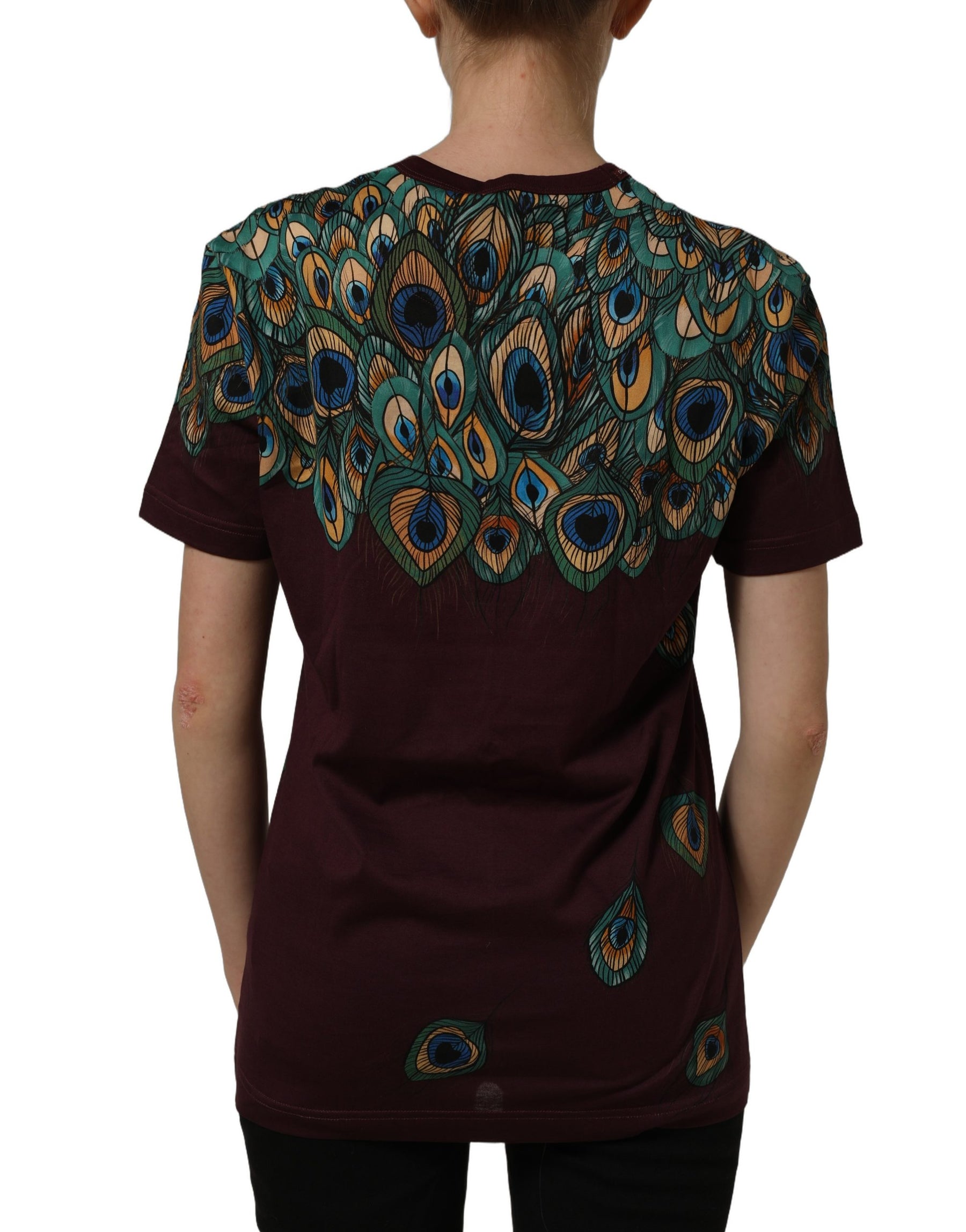 Dolce & Gabbana Burgundy Peacock Feather Round Neck T-shirt | Regal Royce