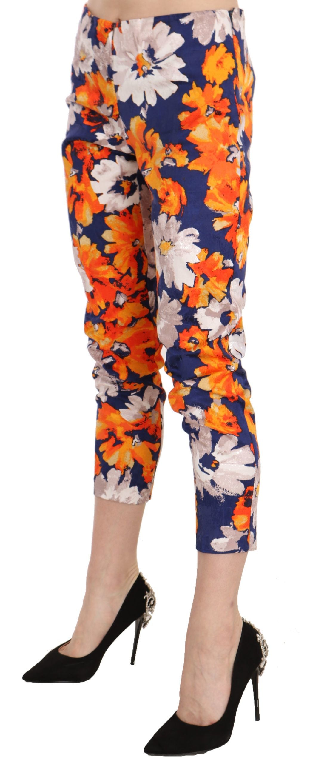 LANACAPRINA Blue Floral Print Skinny Slim Fit Trousers Pants | Regal Royce