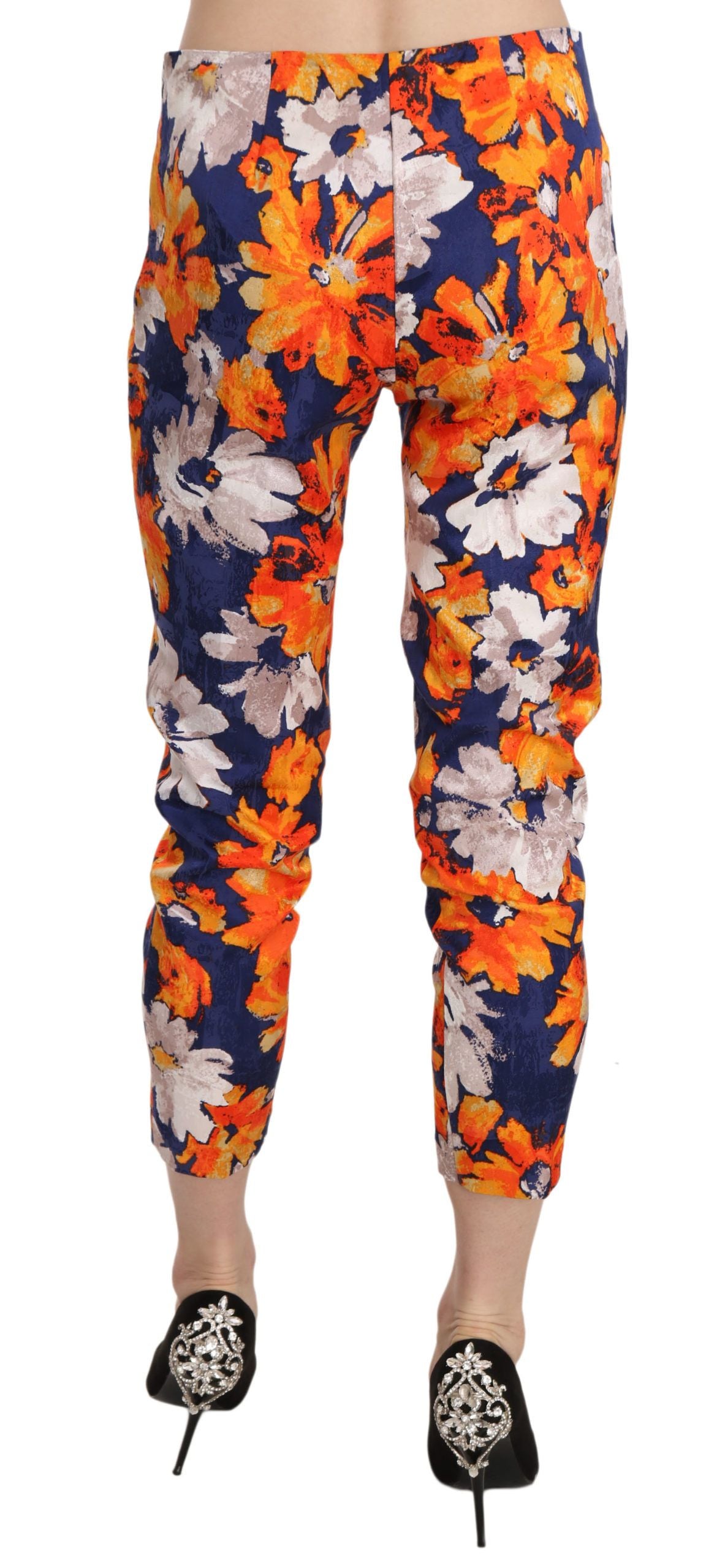 LANACAPRINA Blue Floral Print Skinny Slim Fit Trousers Pants | Regal Royce
