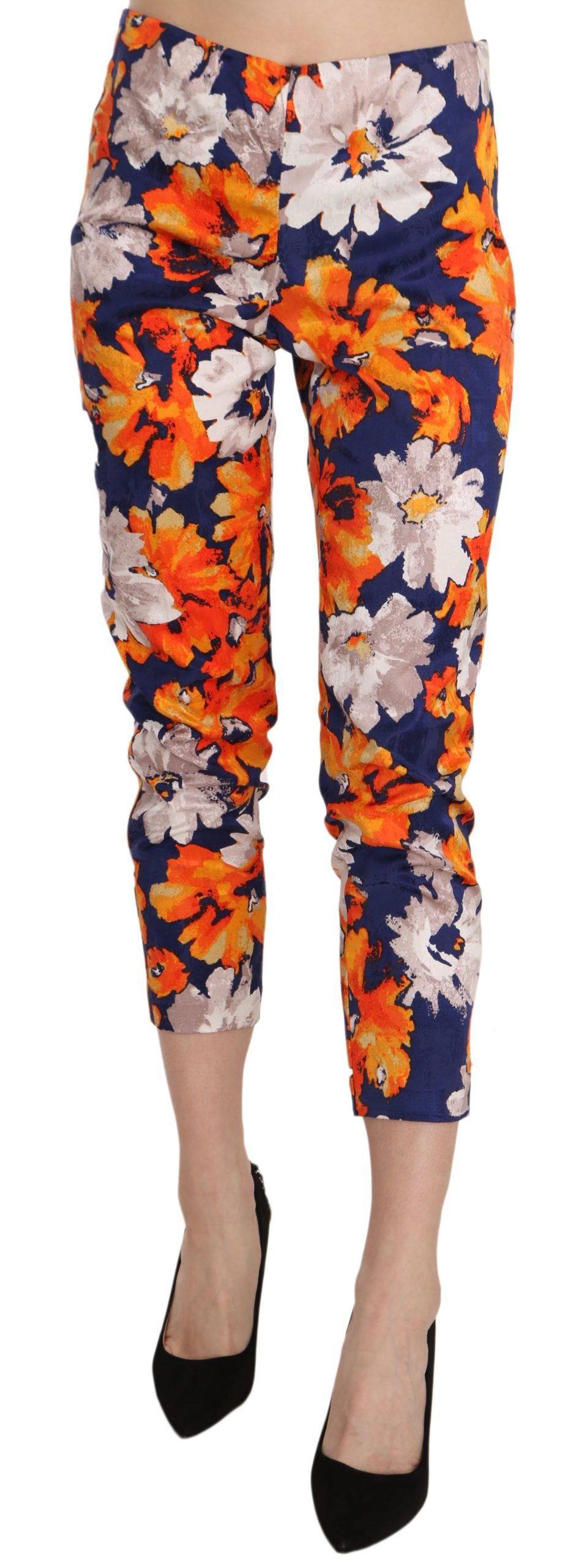 LANACAPRINA Blue Floral Print Skinny Slim Fit Trousers Pants | Regal Royce