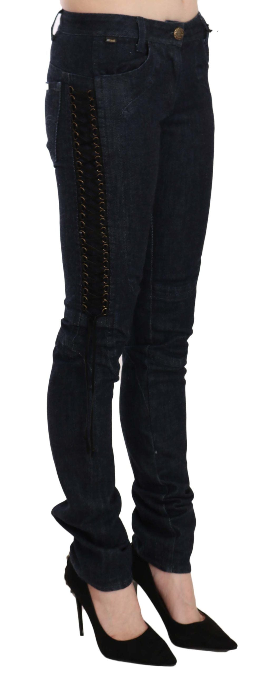 Just Cavalli Blue Low Waist Skinny Trousers Braided String Pants | Regal Royce