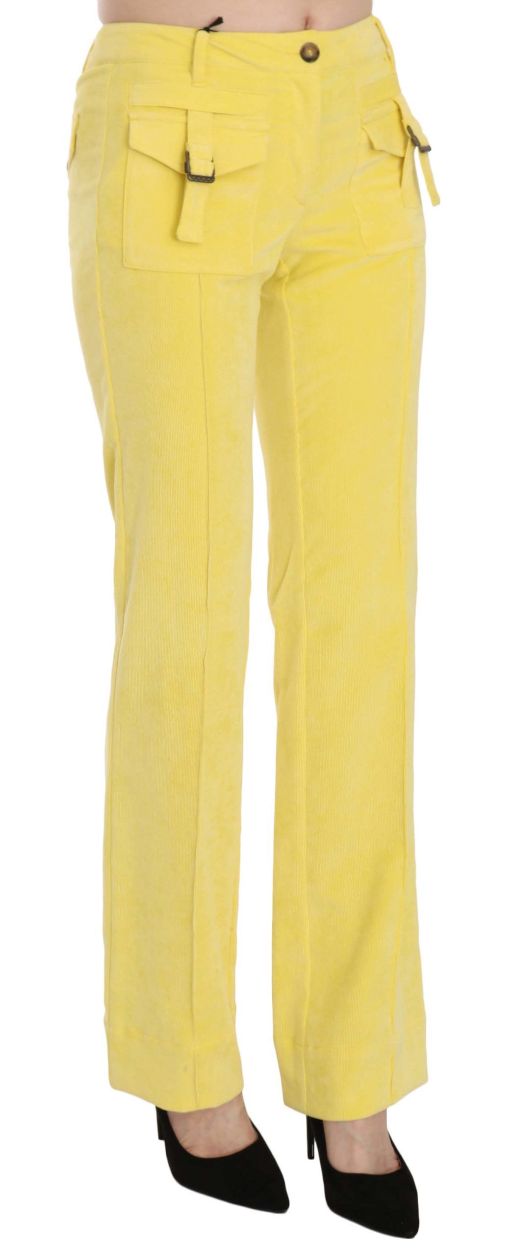 Just Cavalli Yellow Corduroy Mid Waist Straight Trousers Pants | Regal Royce