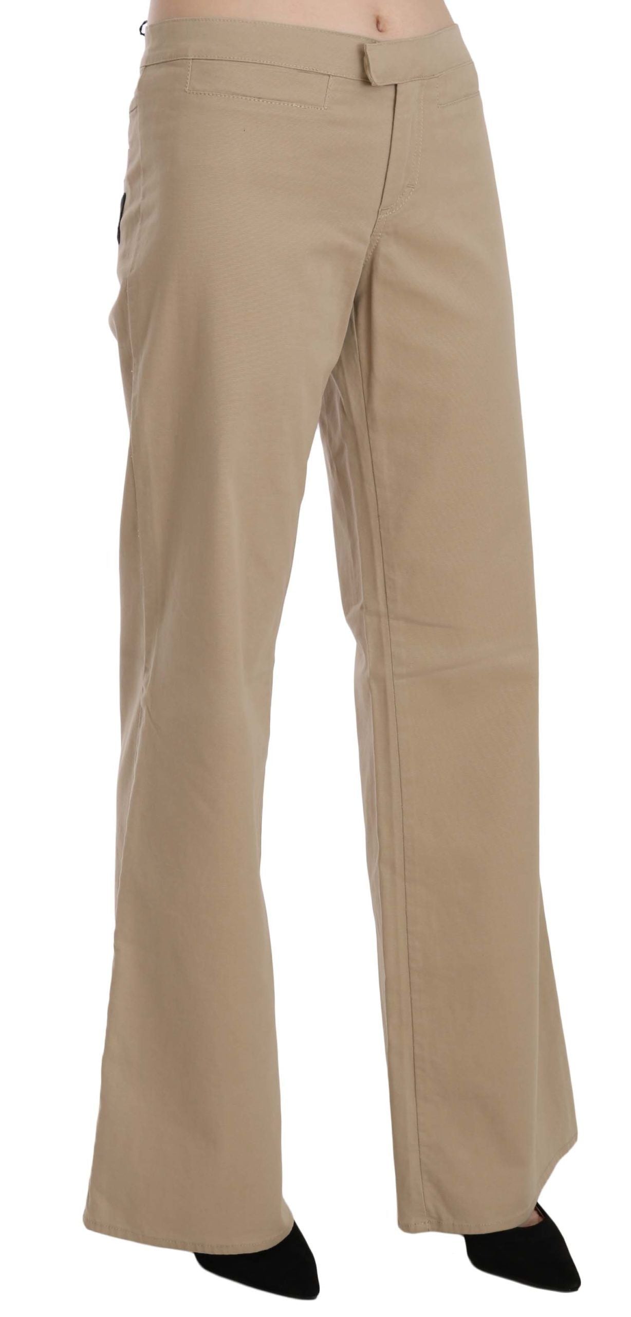 Just Cavalli Beige Cotton Mid Waist Flared Trousers Pants | Regal Royce
