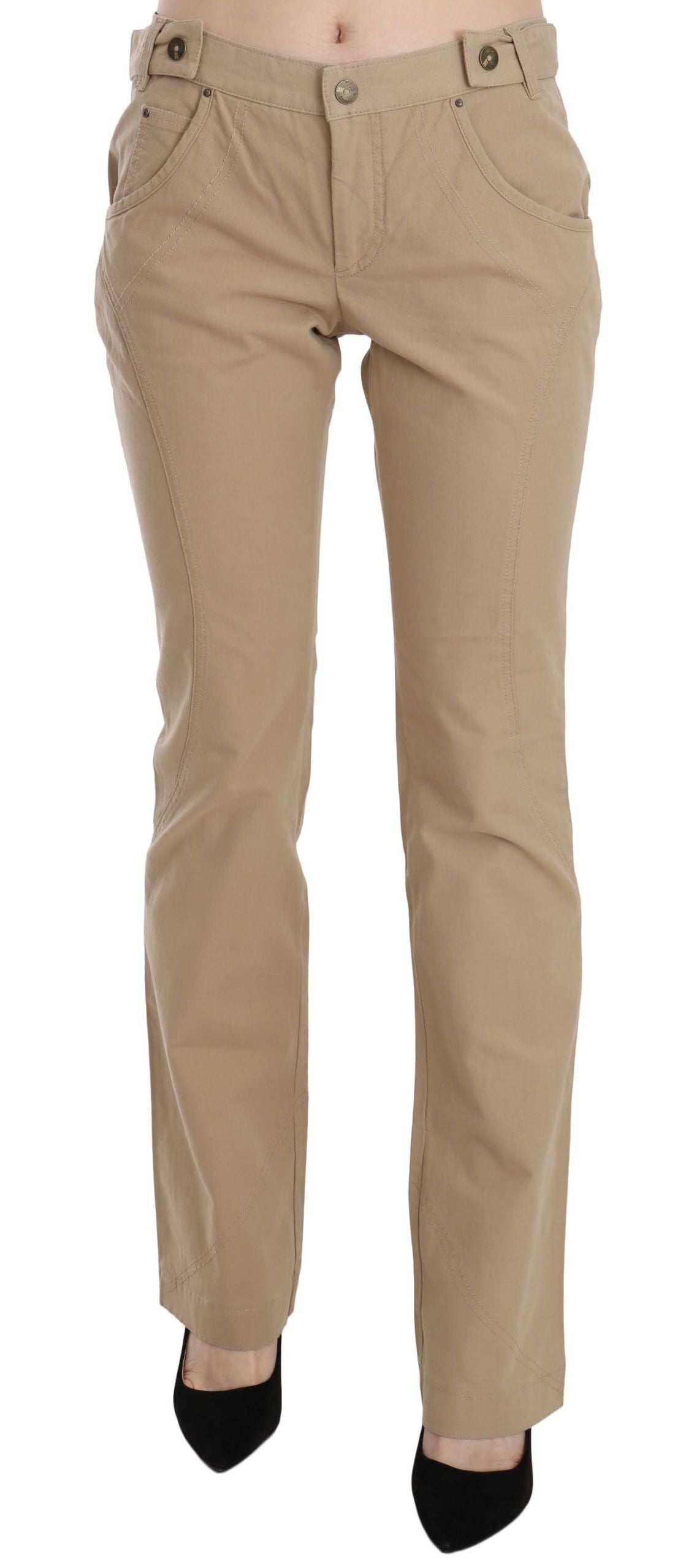 Just Cavalli Beige Cotton Mid Waist Straight Trousers Pants | Regal Royce