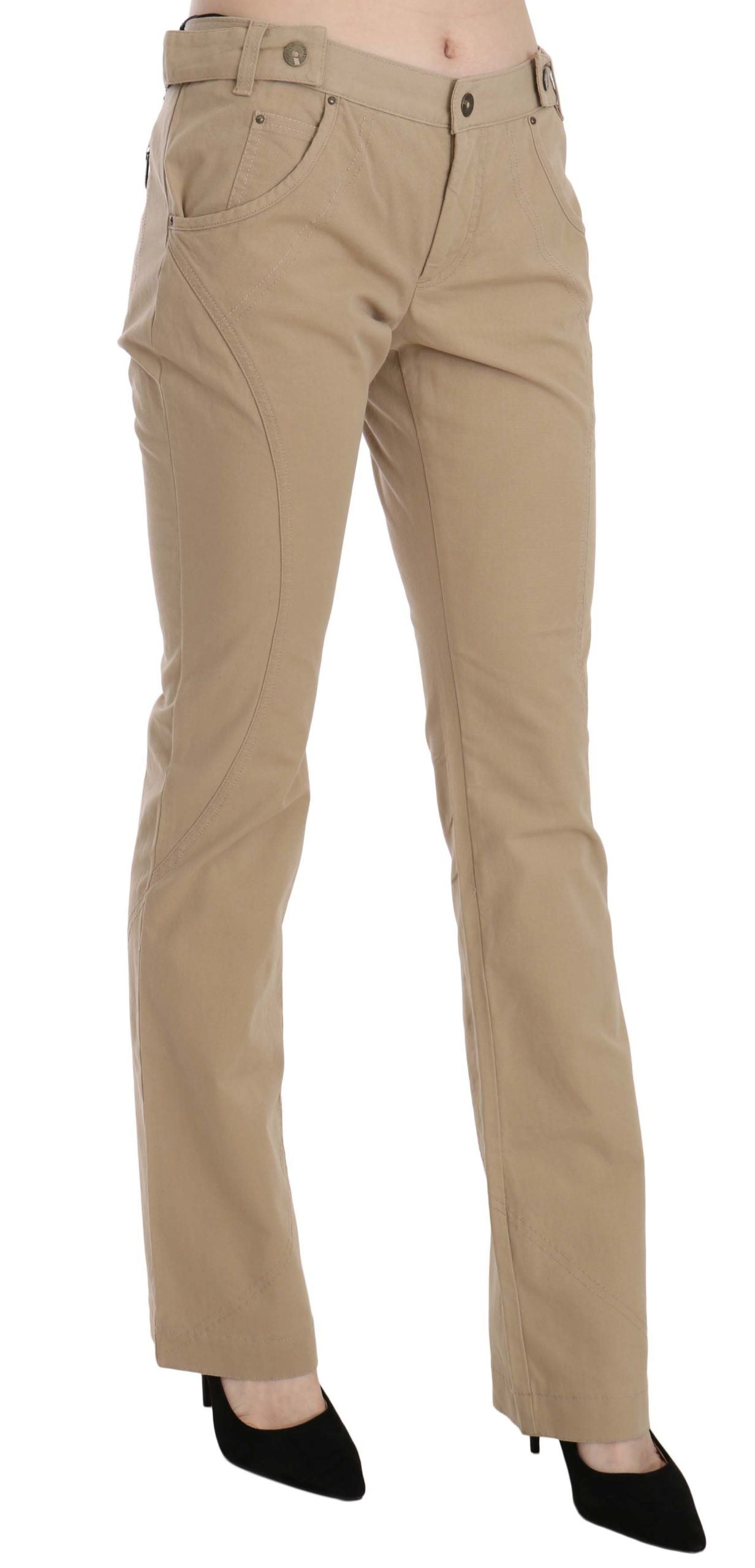 Just Cavalli Beige Cotton Mid Waist Straight Trousers Pants | Regal Royce